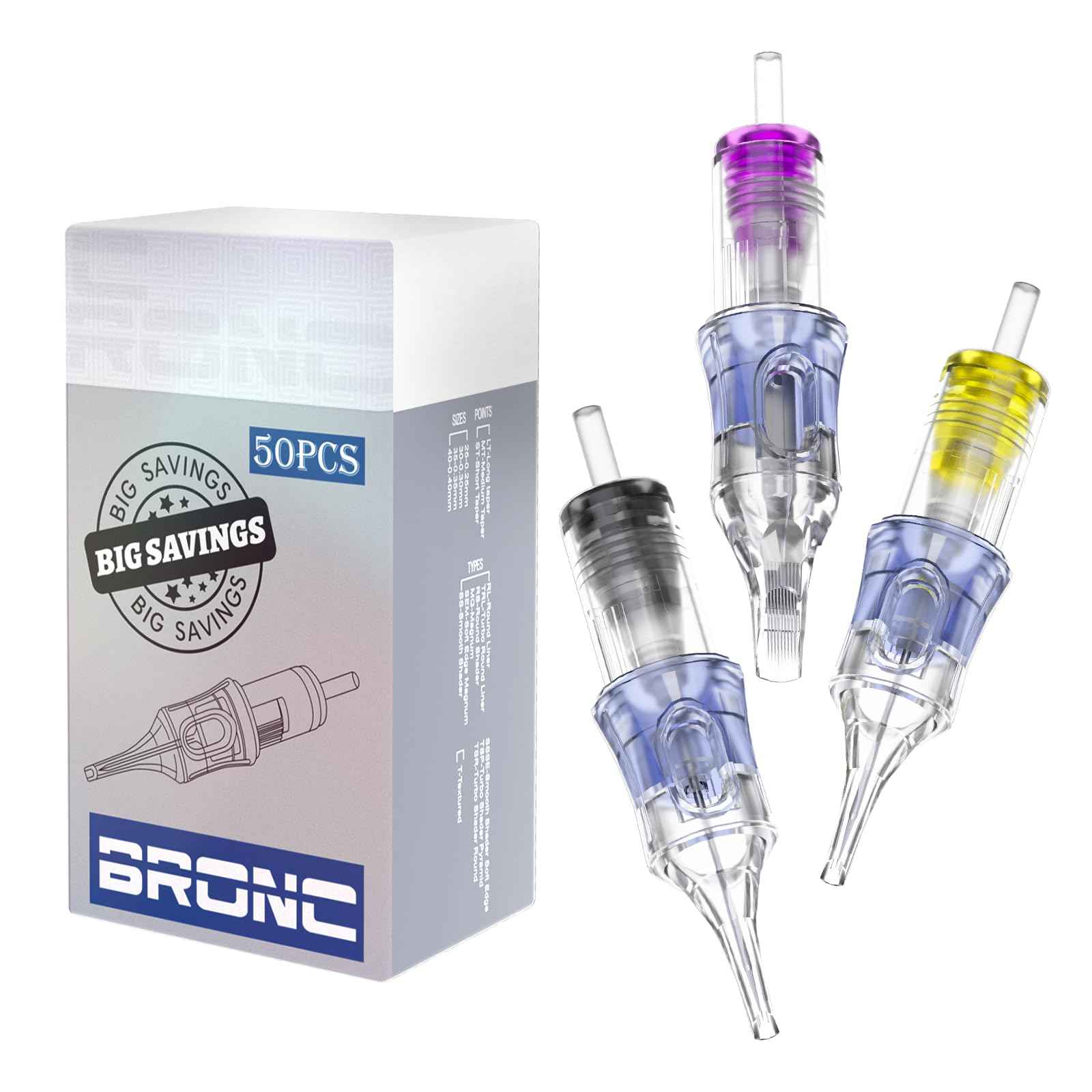BRONC Assorted Tattoo Cartridge Needles 50pcs Mixed Tattoo Needle Cartridges Round Liner 0.35mm #12 Standard RL (3RL 5RL 7RL 9RL 11RL) for Rotary Tattoo Machine