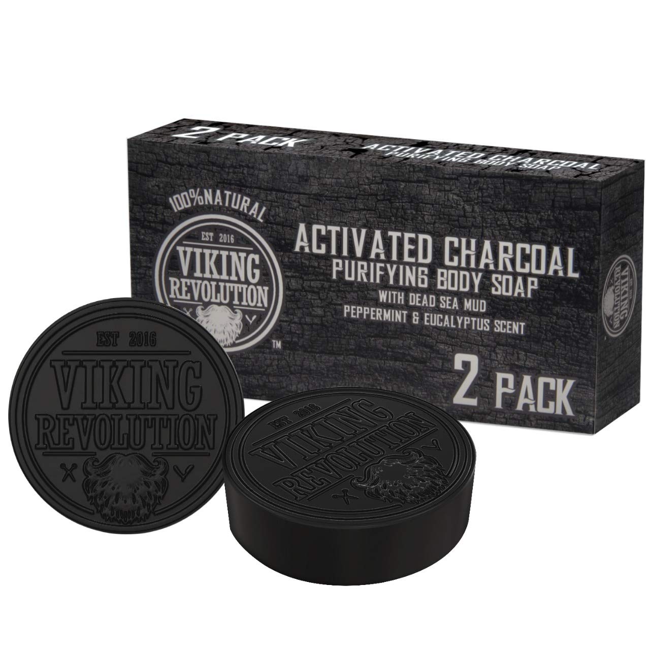 Viking Revolution Skin Cleaning Agent Activated Charcoal Soap for Men w/Dead Sea Mud, Body and Face, Cleanser,Cleansing Blackheads - Peppermint & Eucalyptus Scent 0.7 Fl Oz (Pack of 2)