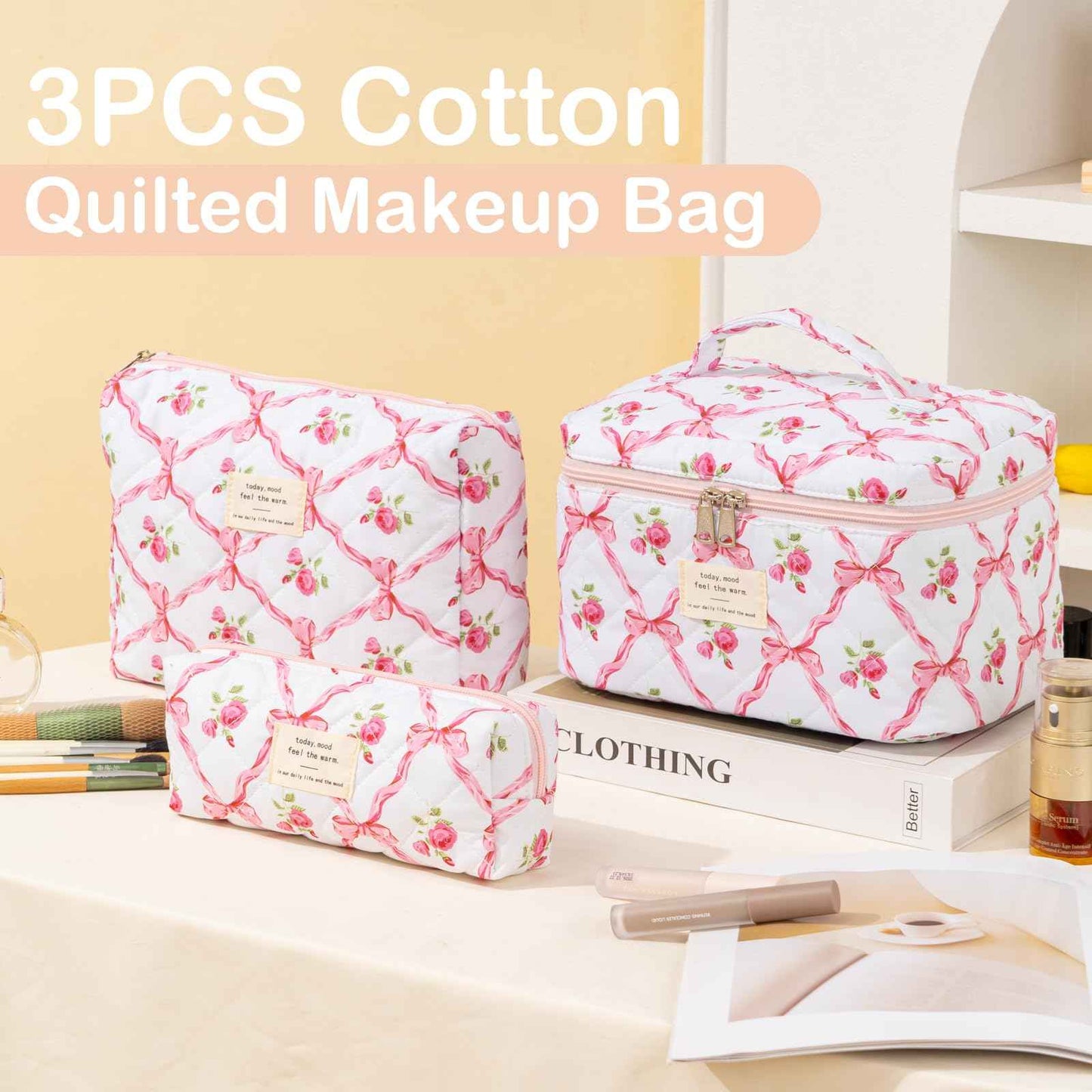 UUYUUY Makeup Bag for Women 3PCS Quilted Cotton Make Up Bag Travel Cosmetic Bag Large Makeup Bag Set Cute Bow Makeups Organizer Floral Toiletry Pouch for Purse, Pink
