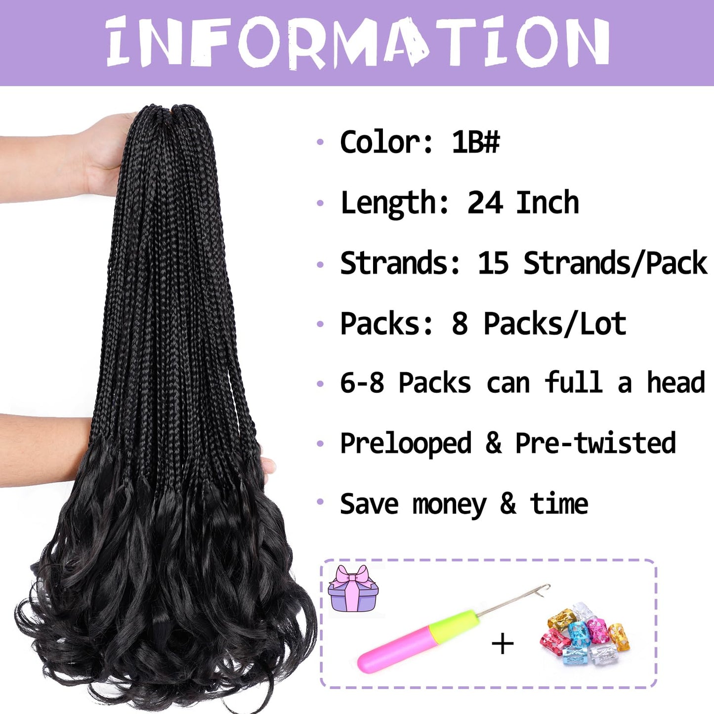 French Curl Crochet Braids 24 Inch Goddess Box Braids Crochet Hair for Women 8 Packs Pre Looped Crochet Box Braids with Curly Ends Synthetic French Curly Braiding Hair Extensions (1B#)