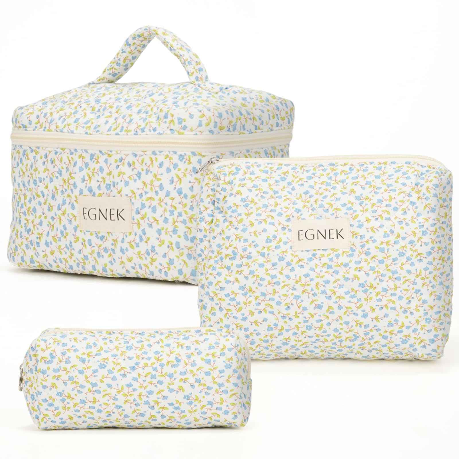egnek 3 Piece Quilted Makeup Bag with Cute Ditsy Floral for Travel, Toiletry Pouch, and Cute Cosmetic Bags, Compact Design and Stylish