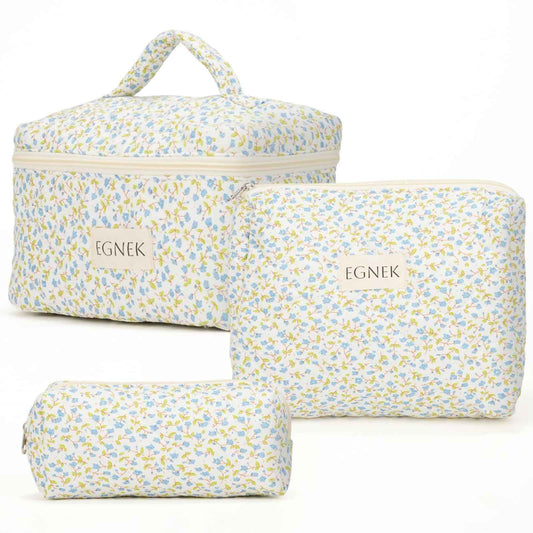 egnek 3 Piece Quilted Makeup Bag with Cute Ditsy Floral for Travel, Toiletry Pouch, and Cute Cosmetic Bags, Compact Design and Stylish