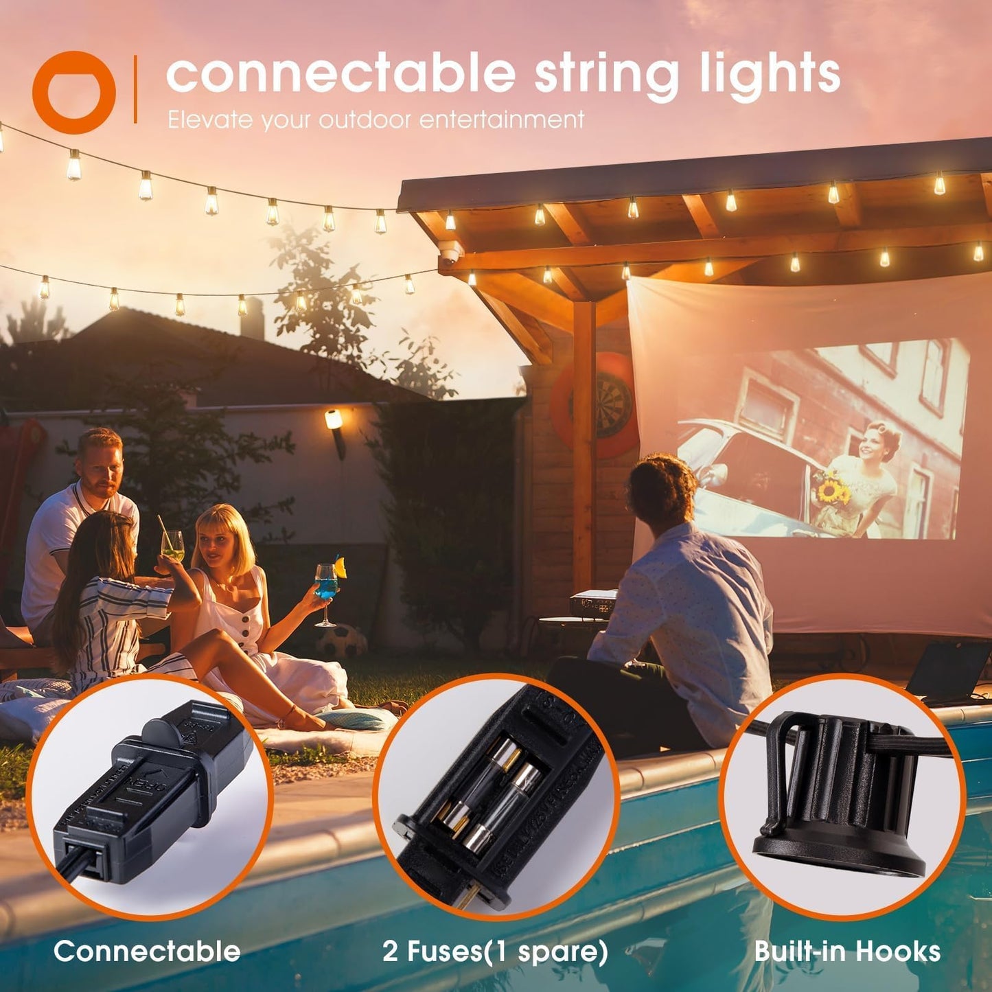 addlon 50FT LED Outdoor String Lights Waterproof Patio Lights with 27 Shatterproof ST38 Replaceable Bulbs(2 Spare), Dimmable Outside Hanging Lights Connectable for Porch, Backyard, 2200K Warm Yellow