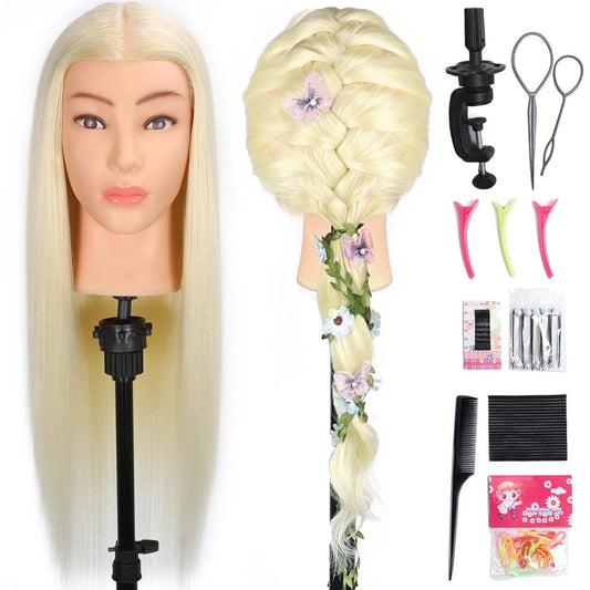 MQHIHI Mannequin Head Human Hair, 80% Real Hair Mannequin Head Cosmetology Manikin Practice Doll Head for Braiding Hairstyling Cutting with Free Clamp Holder and Tools (Blonde)