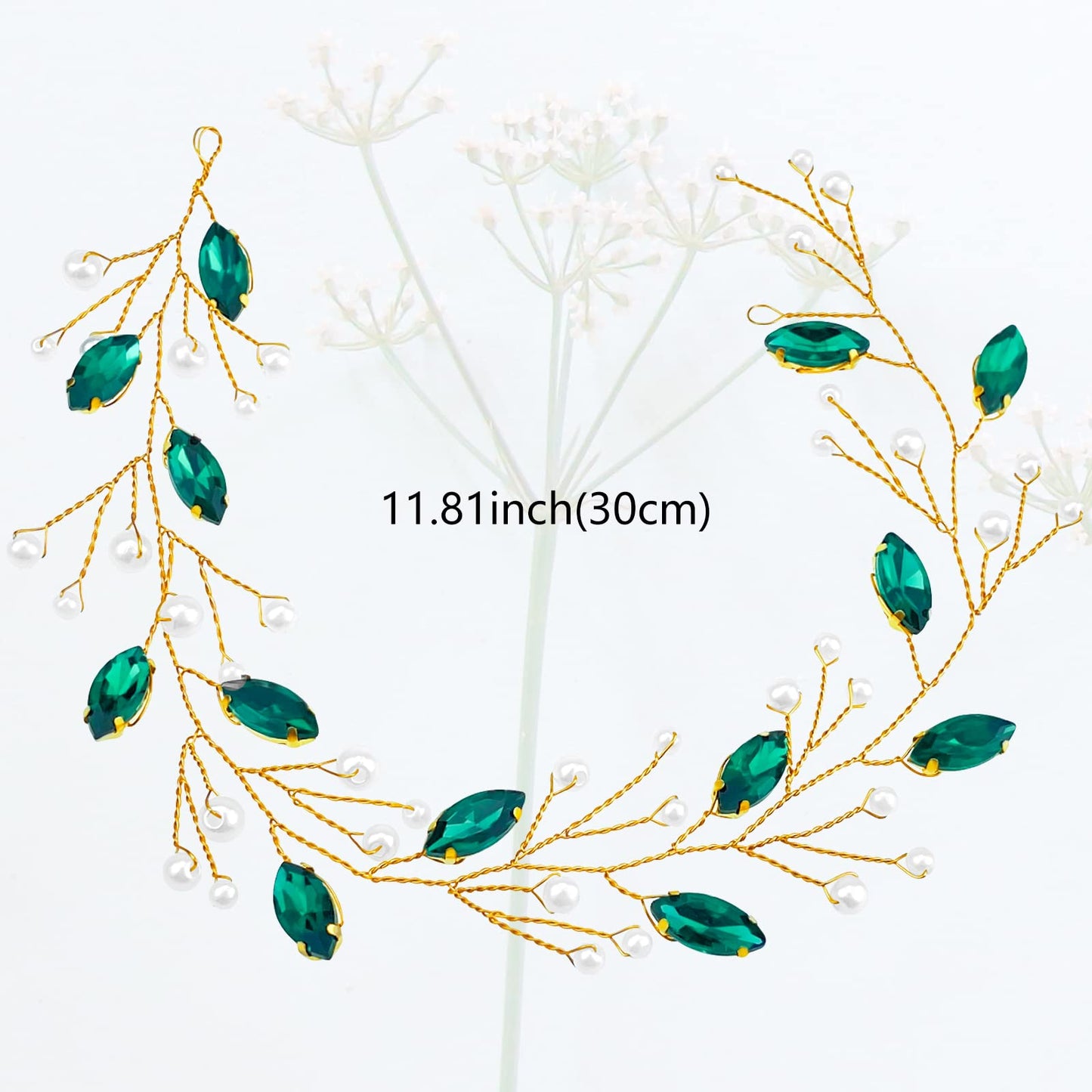 Aswewamt Green Pearl Crystal Bride Headband with Green Leaf Headpiece, Rhinestone Gold Jewelry Hair Vine for Women