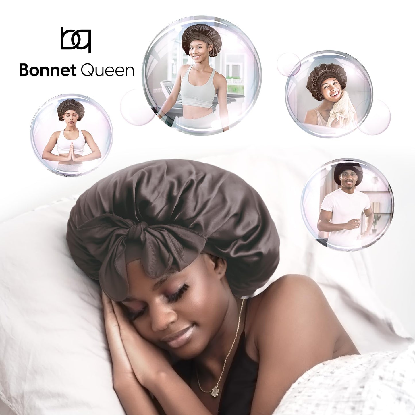 BONNET QUEEN Silk Bonnet for Sleeping Women Satin Bonnet Hair Bonnet Night Sleep Cap Scarf wrap for Curly Hair with tie Band Gold Grey