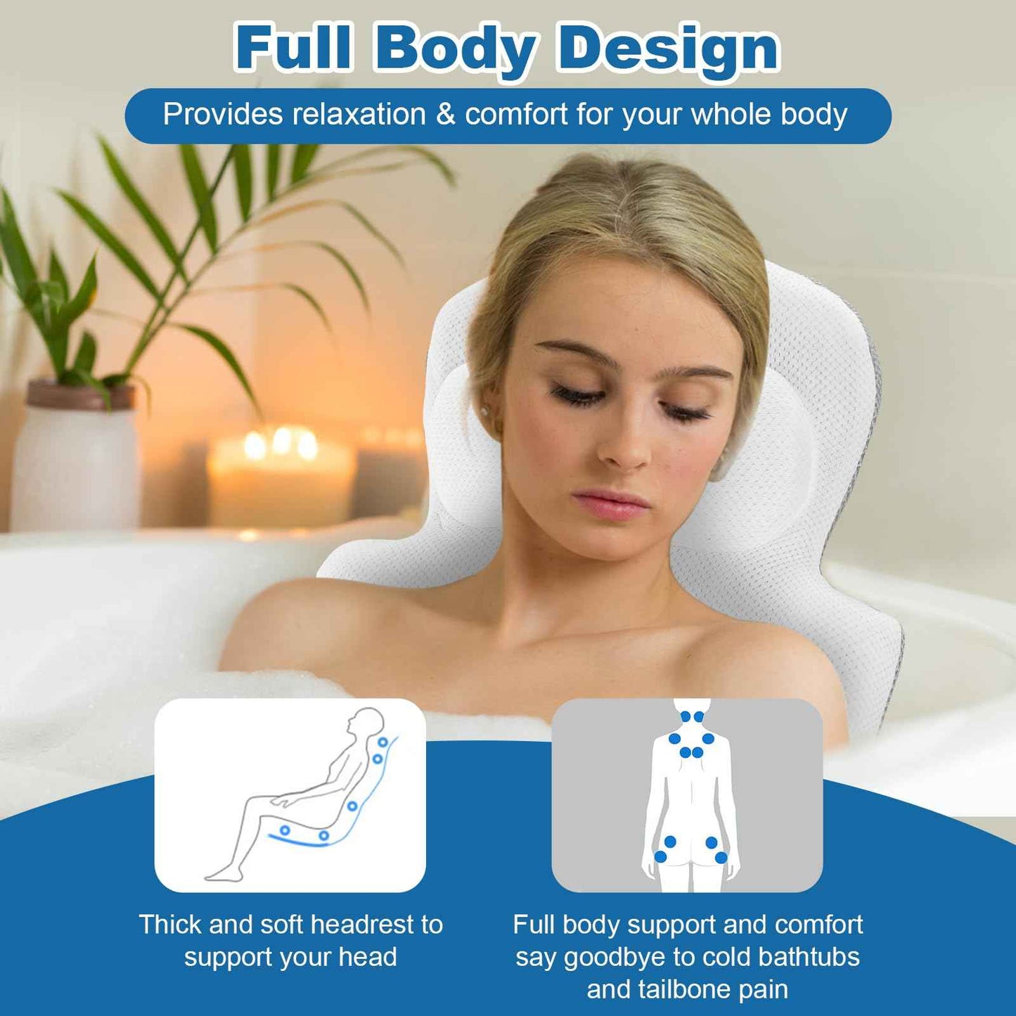 Luxury Full Body Bath Pillow for Bathtub - Bath Pillows Mat & Cushion for Bathtub Headrest Neck Shoulder Support White