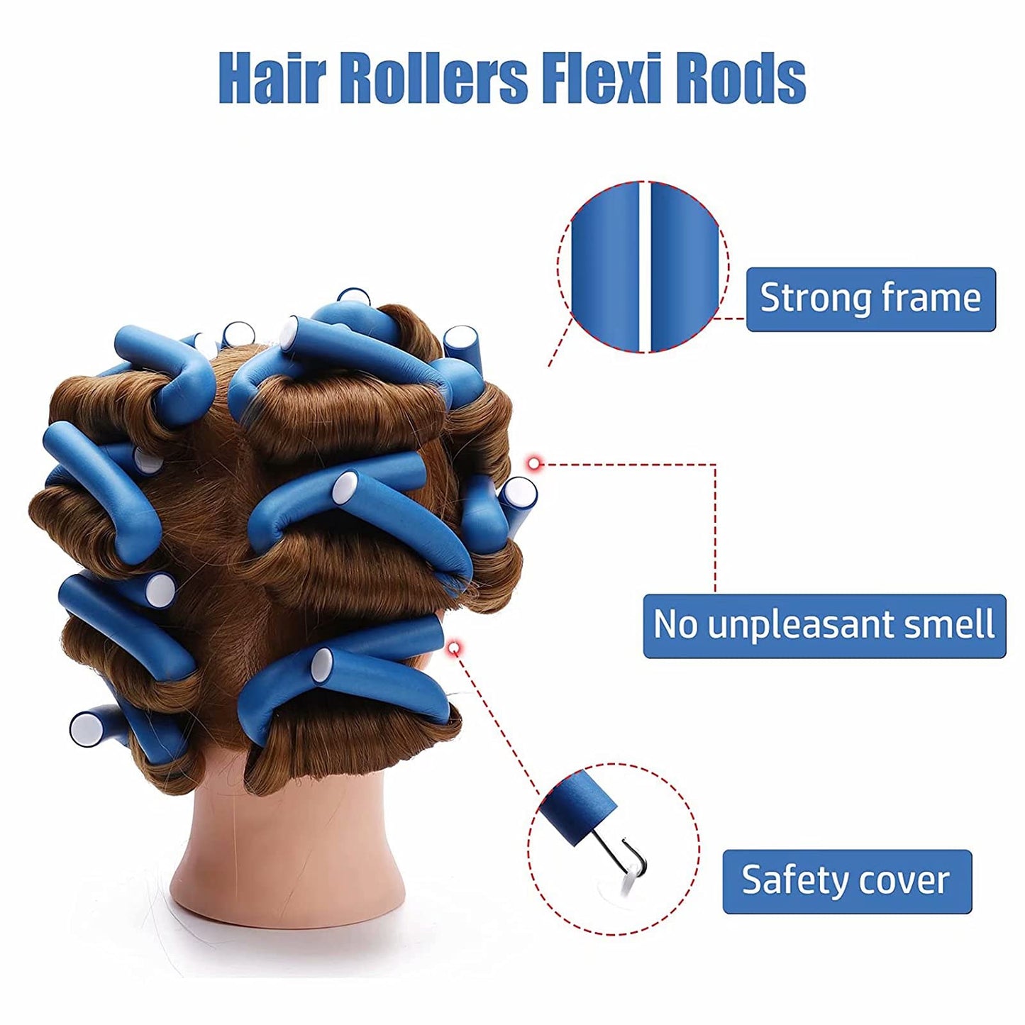 FEEL ME Flexi Rods, 30 Pieces Soft Foam No Heat Hair Rollers for Natural Hair, Blue, 9.45x0.3inch, Hair Dressing Tools