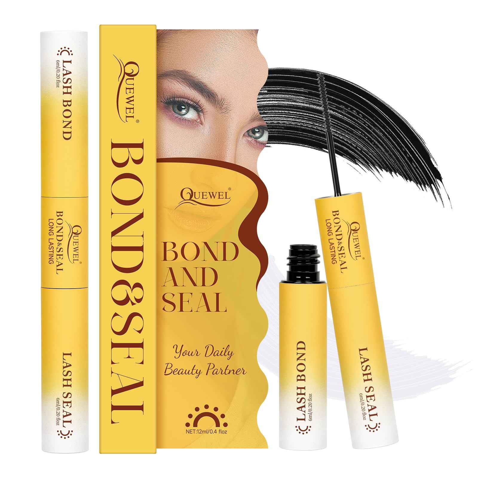 QUEWEL Lash Bond and Seal Lash Glue for Eyelash Clusters,12ml Super Strong Hold Lash Cluster Glue Bond and Seal Waterproof for DIY Lash Extensions Easy to Use at Home (6ml Black Bond+6ml Clear Seal)