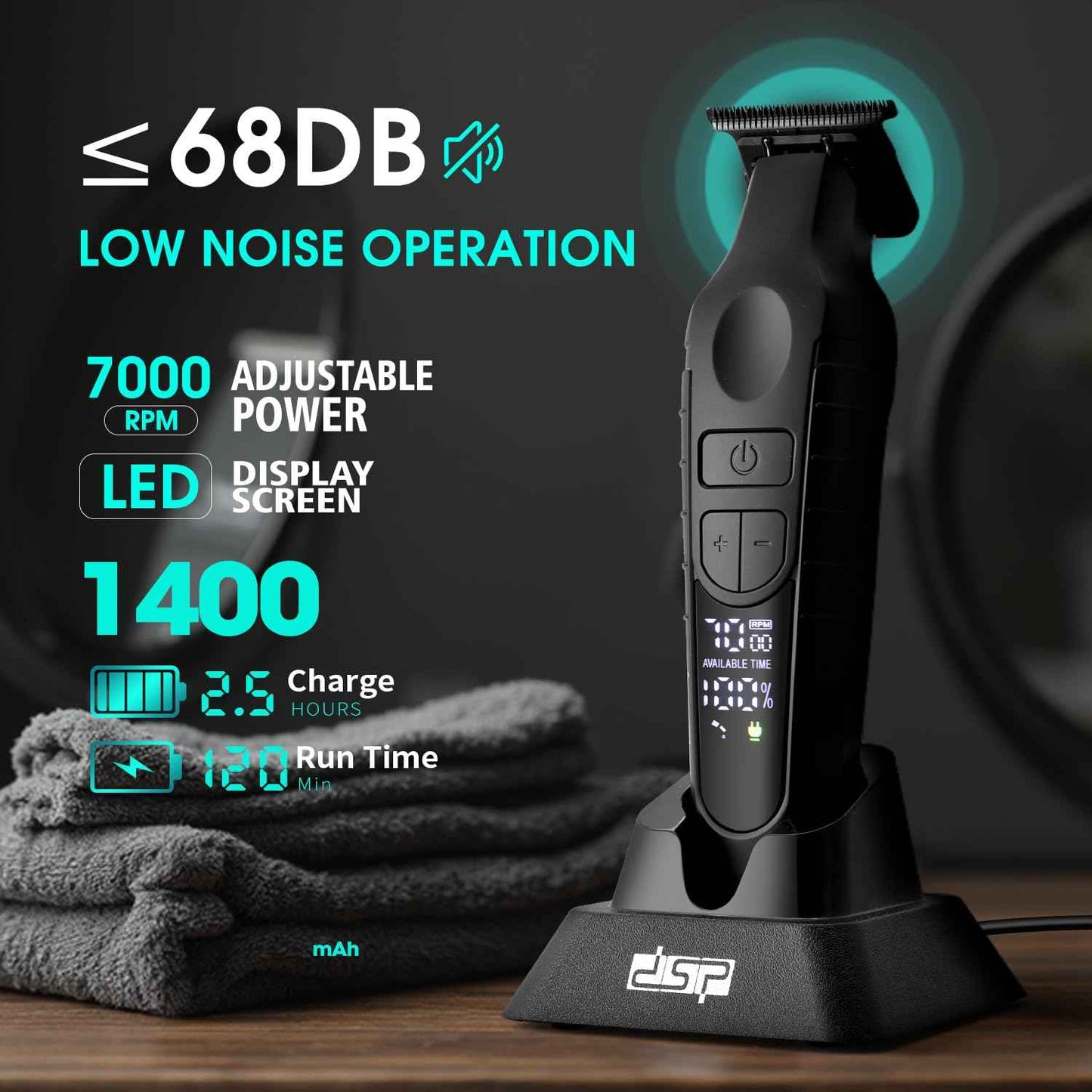 DSP Hair Trimmer for Men, Beard Trimmer, Cordless USB Rechargeable Barber Trimmer DLC, Speeds Adjustable, Travel Lock, Low Noise with Charging Base