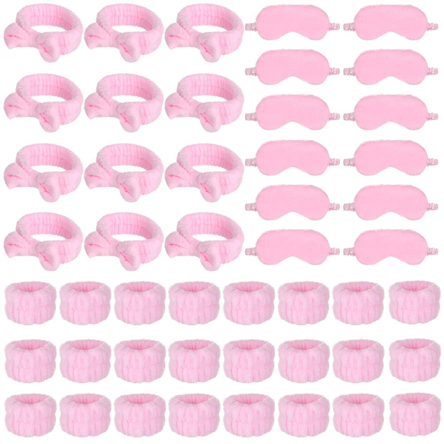 Lnrueg 48Pcs SPA Kit-12Pcs Spa Headband Bow + 24 Wrist Washband + 12 Sleep Eye Masks, Pink Party Supplies for Girls Women Birthday Sleepover Party Favors