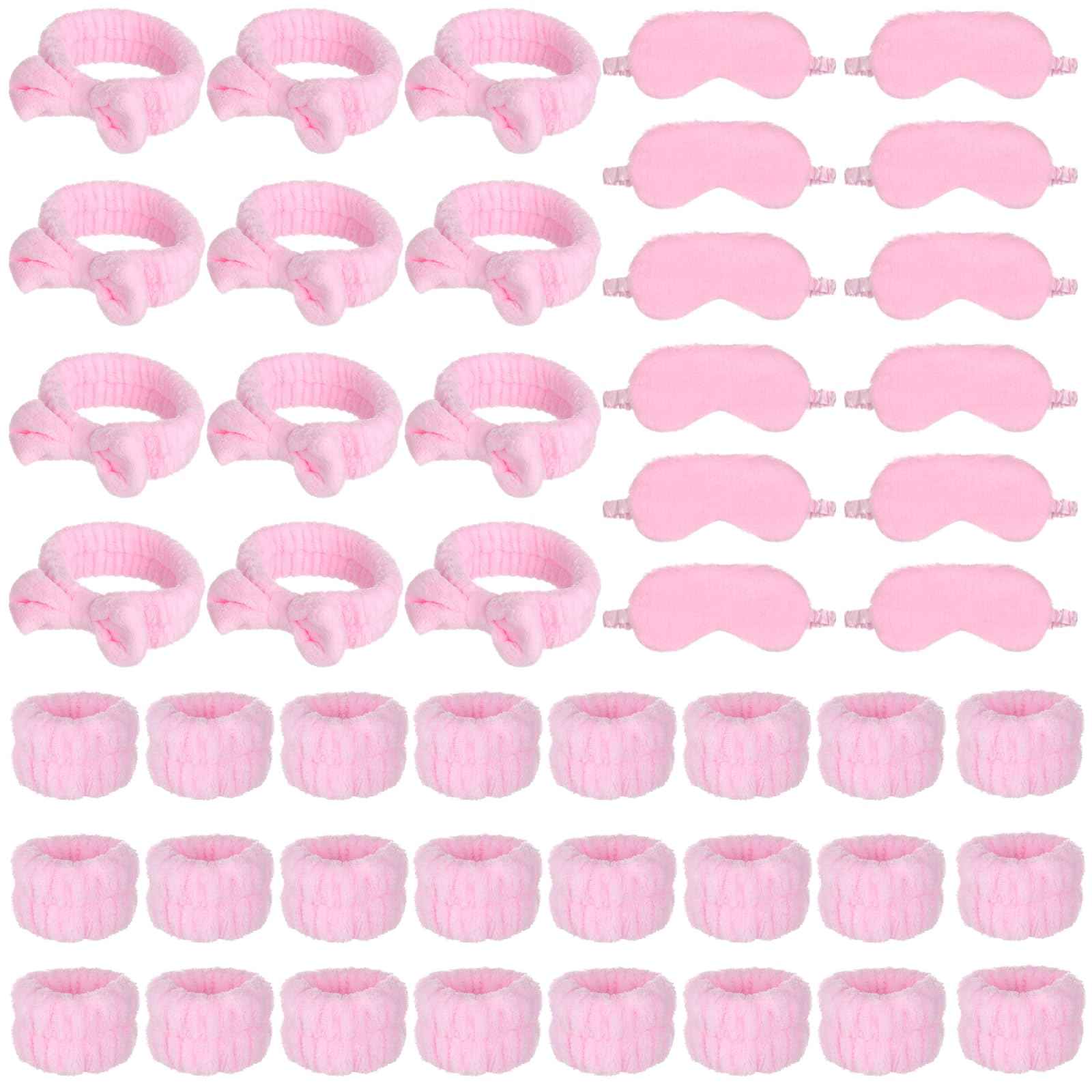 Lnrueg 48Pcs SPA Kit-12Pcs Spa Headband Bow + 24 Wrist Washband + 12 Sleep Eye Masks, Pink Party Supplies for Girls Women Birthday Sleepover Party Favors