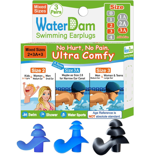 WaterDam Swimming Ear Plugs Great Waterproof Ultra Comfy Earplugs Prevent Swimmer's Ear (Size 2+3A+3: Small Ear Men Large Ear Teens Women (Blue Blue Black))