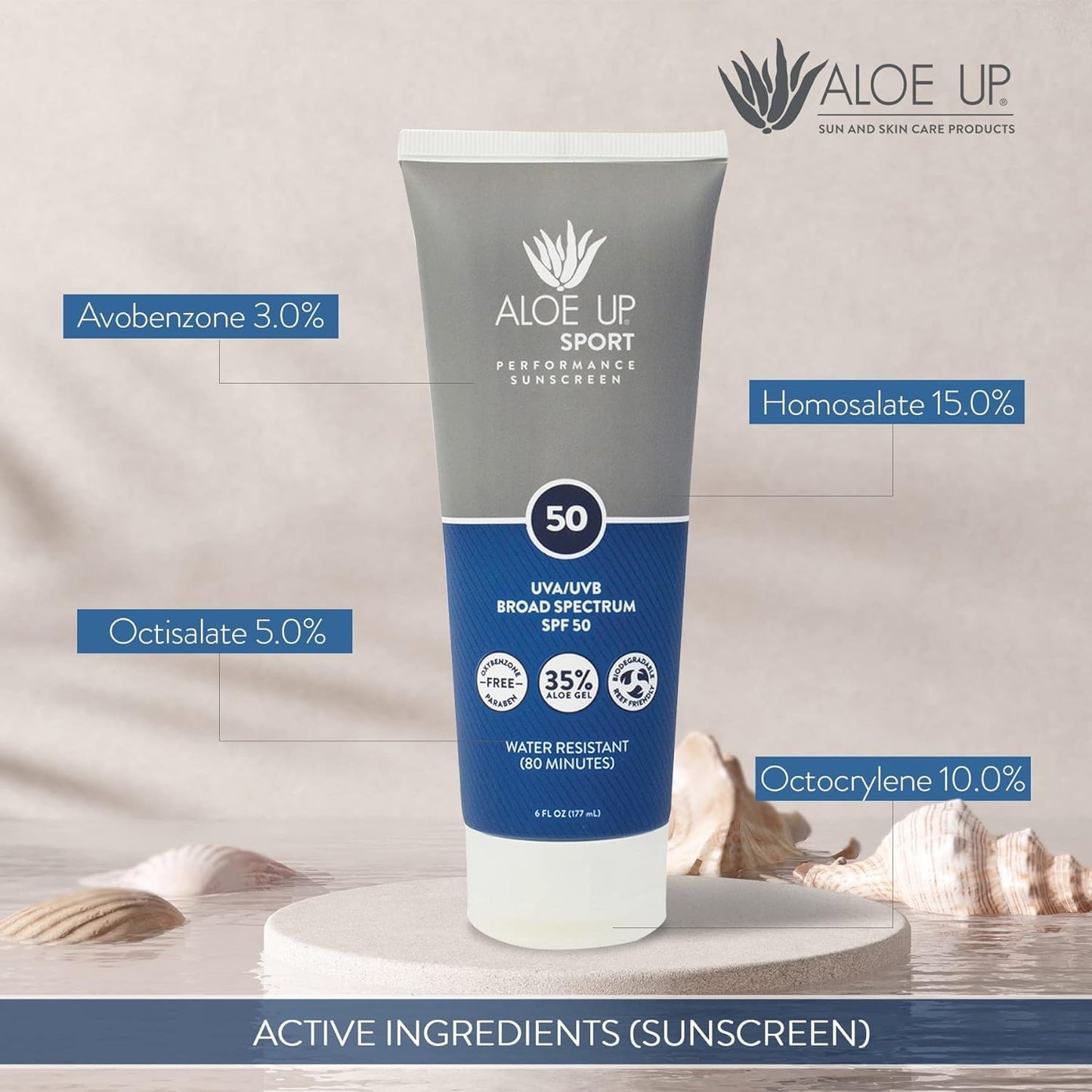 Aloe Up Sport Sunscreen Lotion SPF 50 - Broad Spectrum UVA/UVB Sunscreen Protector for Face and Body With Hydrating Aloe Vera Gel Non-Greasy No White Cast Reef Safe Fragrance Free - 6 Oz- 2 pack