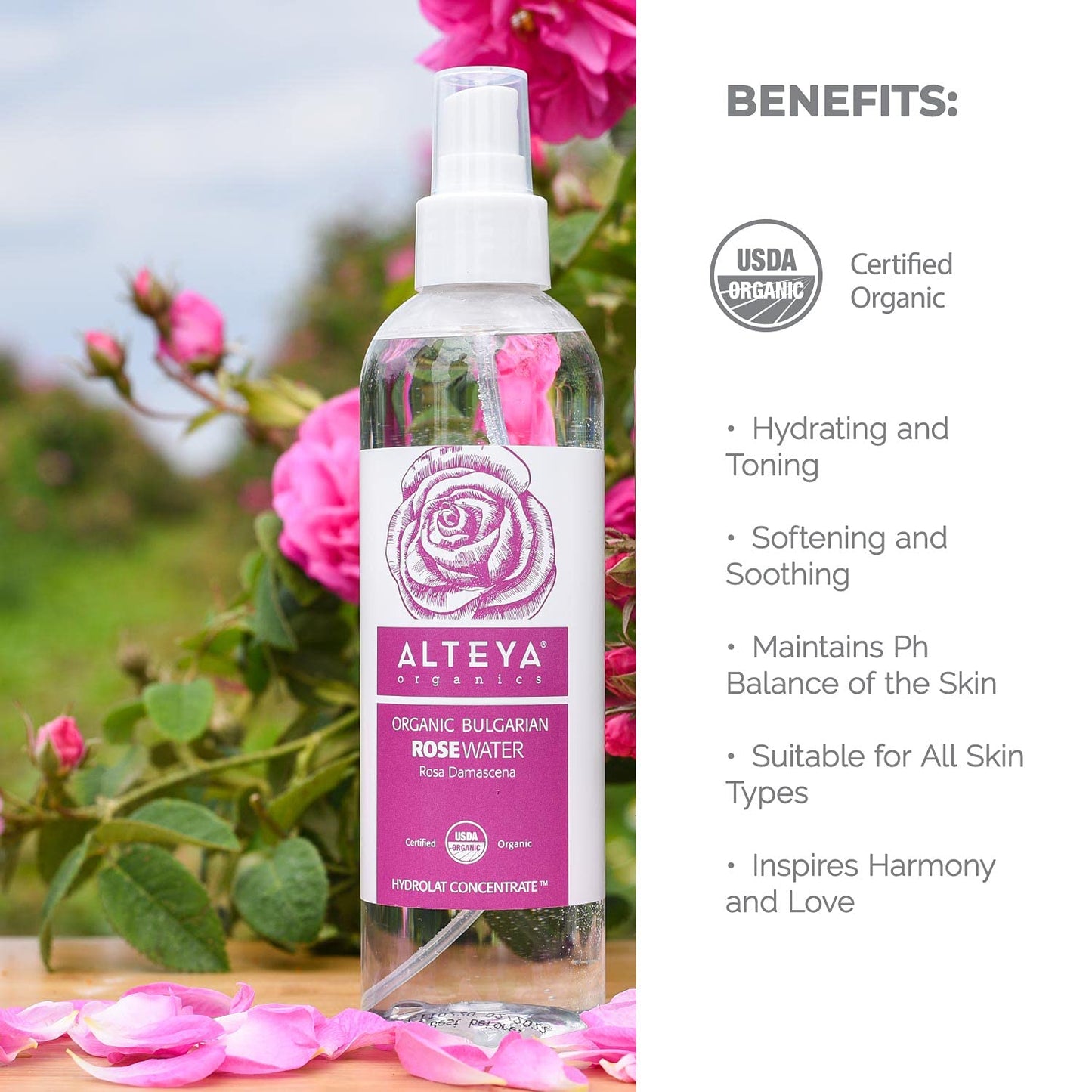 Alteya Organics Rose Water USDA Certified Organic Facial Toner, 8.5 Fl Oz/250mL Pure Bulgarian Rosa Damascena Flower Water, Award-Winning Moisturizer BPA-Free Spray Bottle