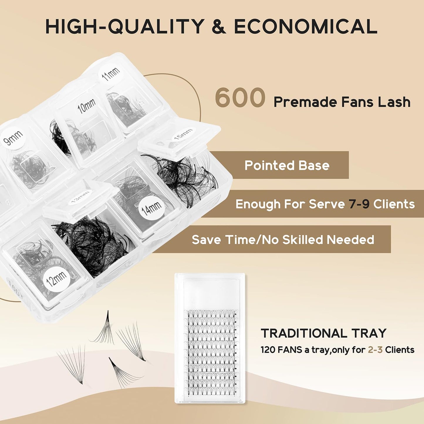 Premade Fans Eyelash Extensions 600 Fans 5D Handmade Volume Lashes Extensions 0.07mm Thickness 8-15mm C Curl Premade Volume Eyelash Extension Middle Stem Promade Lashes(600Fans-5D-0.07C,8-15mm)