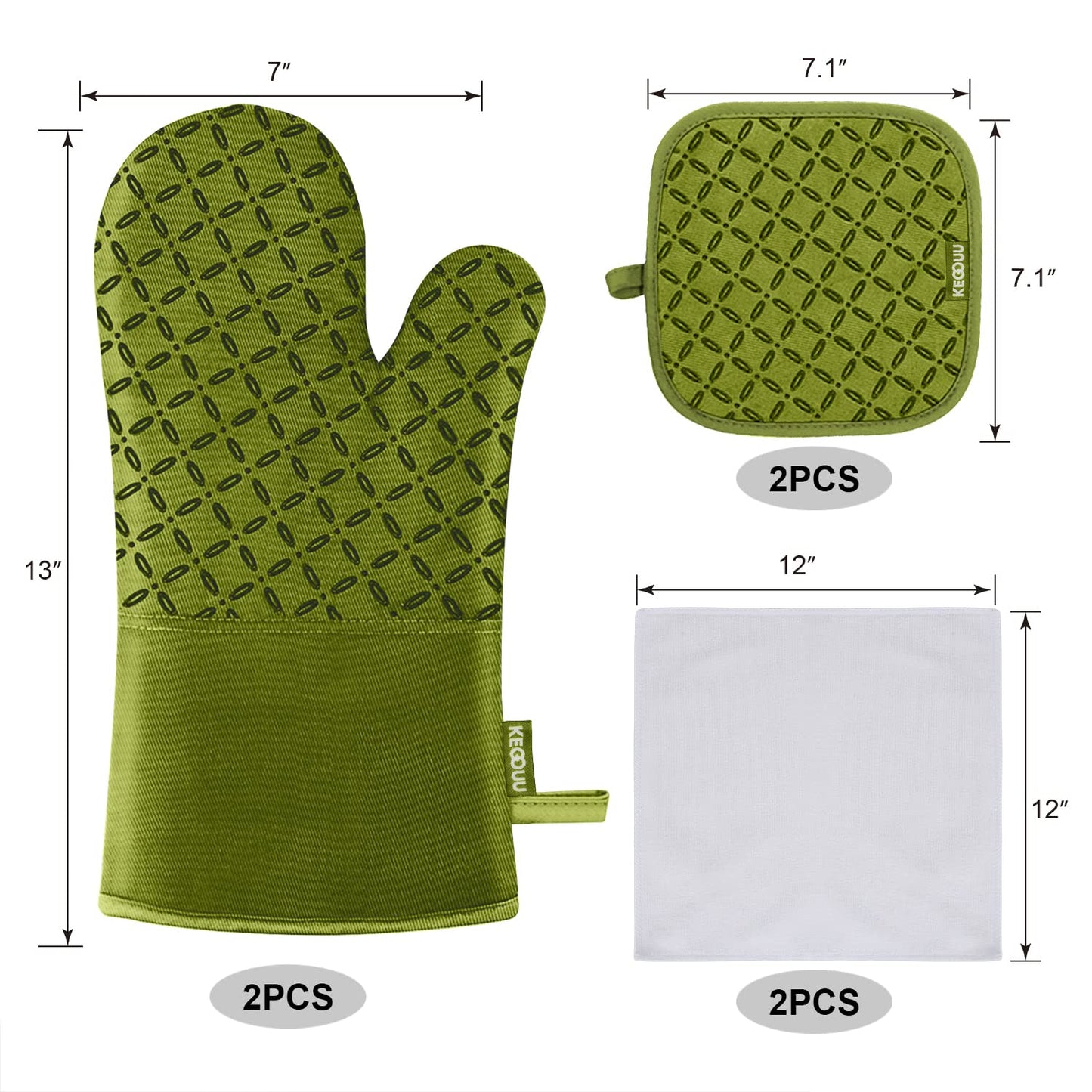 KEGOUU Oven Mitts and Pot Holders 6pcs Set, Kitchen Oven Glove High Heat Resistant 500 Degree Extra Long Oven Mitts and Potholder with Non-Slip Silicone Surface for Cooking (Olive Drab)