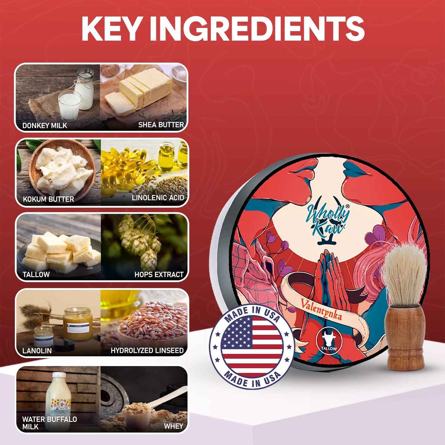 Valentynka Tallow Shaving Soap. Enriched with Donkey Milk, Water Buffalo Milk, Whey Proteins, Omega 3, Omega 6, Hops Extract. Canadian Fir, Leather, Orange, Jasmine, Sugar, Amber, Saffron, Cedarwood