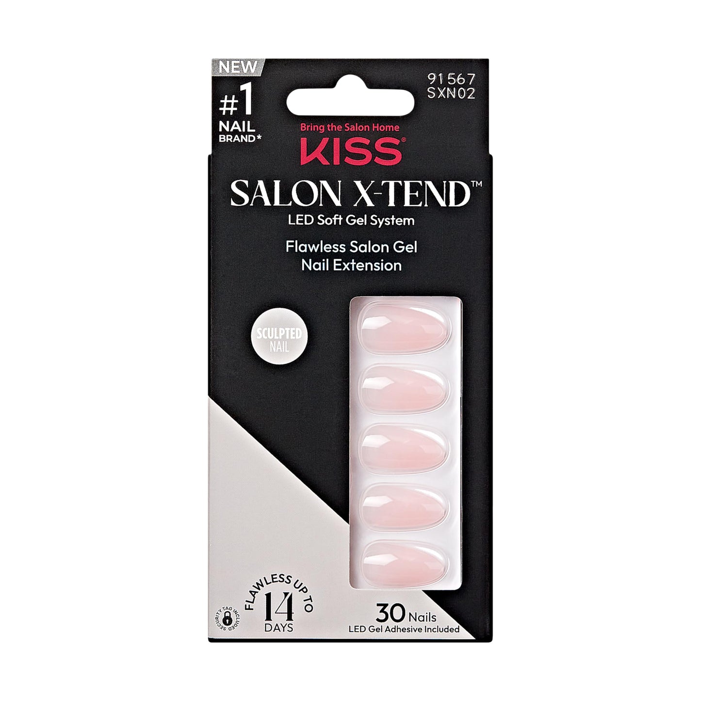 KISS Salon X-tend, Press-On Nails, Nail glue included, 'Gloria', Light Beige, Medium Size, Almond Shape, Includes 30 Nails, 5Ml Led Soft Gel Adhesive, 1 Manicure Stick, 1 New Mini File, New Prep Pad