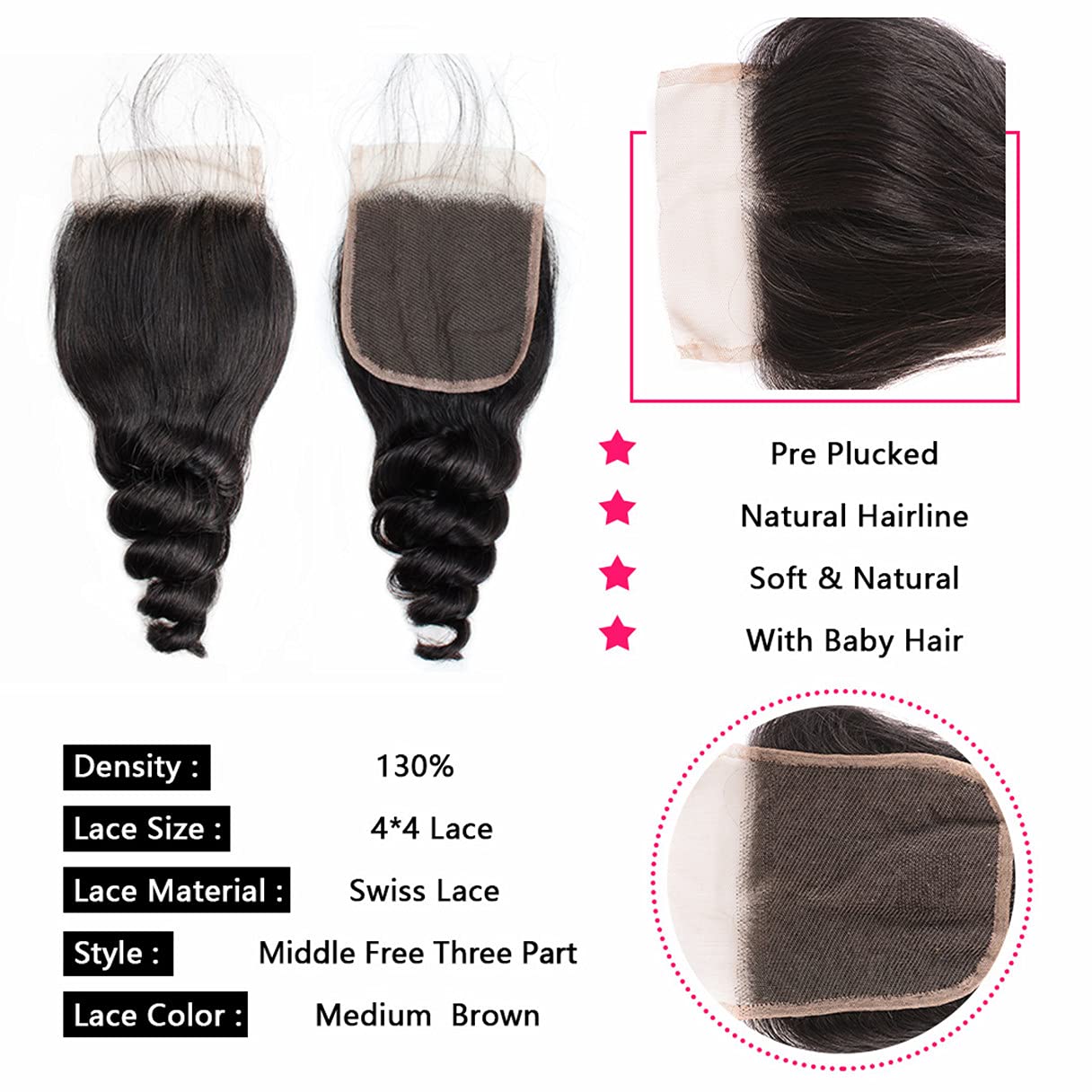 Brazilian Loose Wave 4x4 Lace Closure 100% Unprocessed Human Virgin Hair Pre Plucked Loose Deep Wave Pre-Plucked Hairline Frontal Closure Natural Black With Baby Hair (12inch, loose wave 4x4)