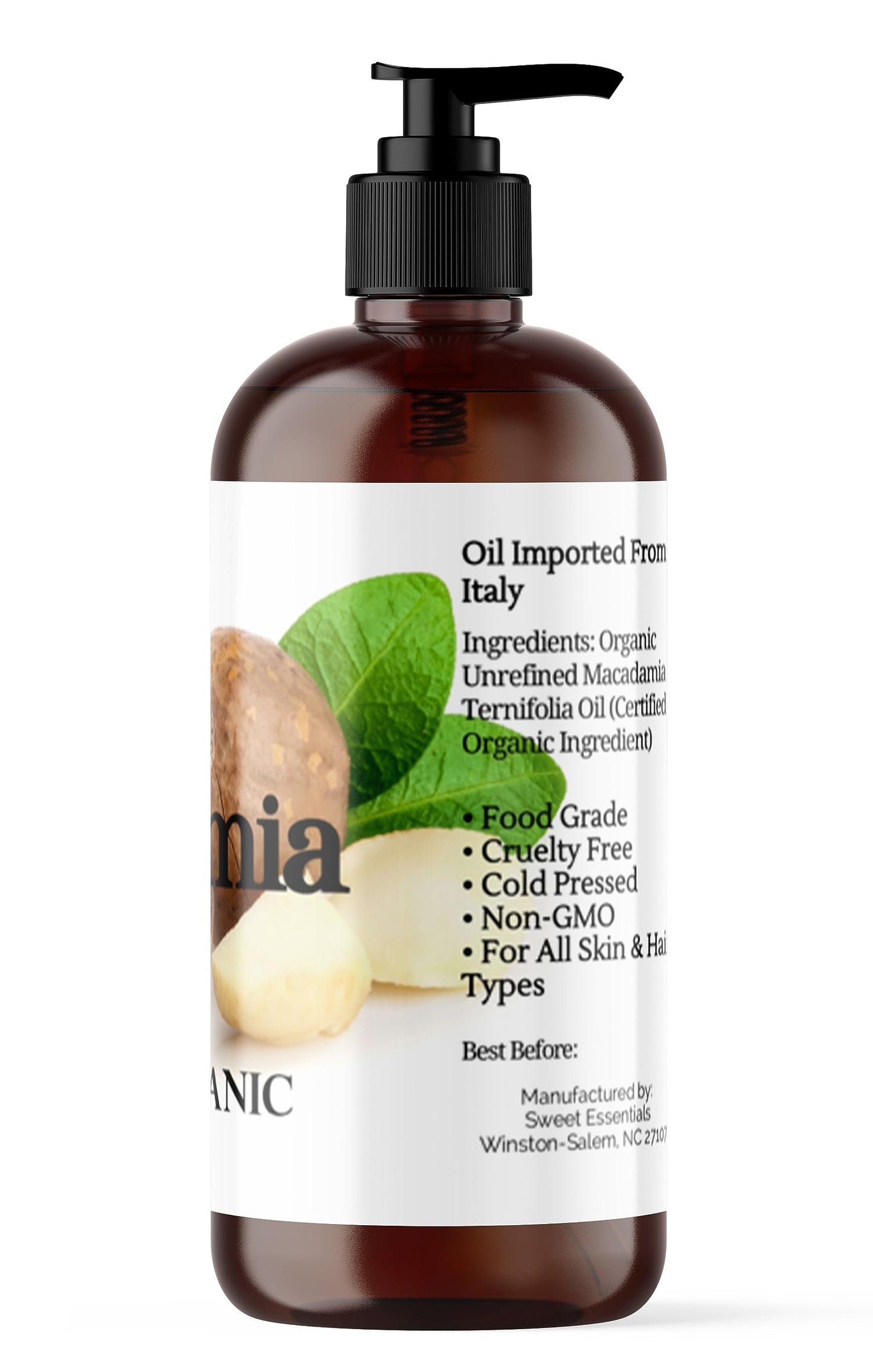 Organic Extra Virgin Macadamia Nut Oil | 16oz | Imported From Italy | 100% Pure, Unrefined | Cold Pressed | Offers Relief From Dry Skin, Psoriasis & More, Best Natural Moisturizer, Great For Hair