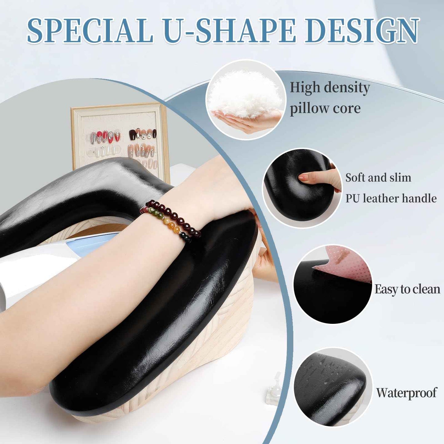 Arm Rest for Nails Tech, U-shaped Manicure Nail Arm Rest Stand with Detachable Brackets Microfiber PU Leather Nail Cushion Hand Rest Pillow for Nail Table Salon Manicure Arm Rest Cushion (black)