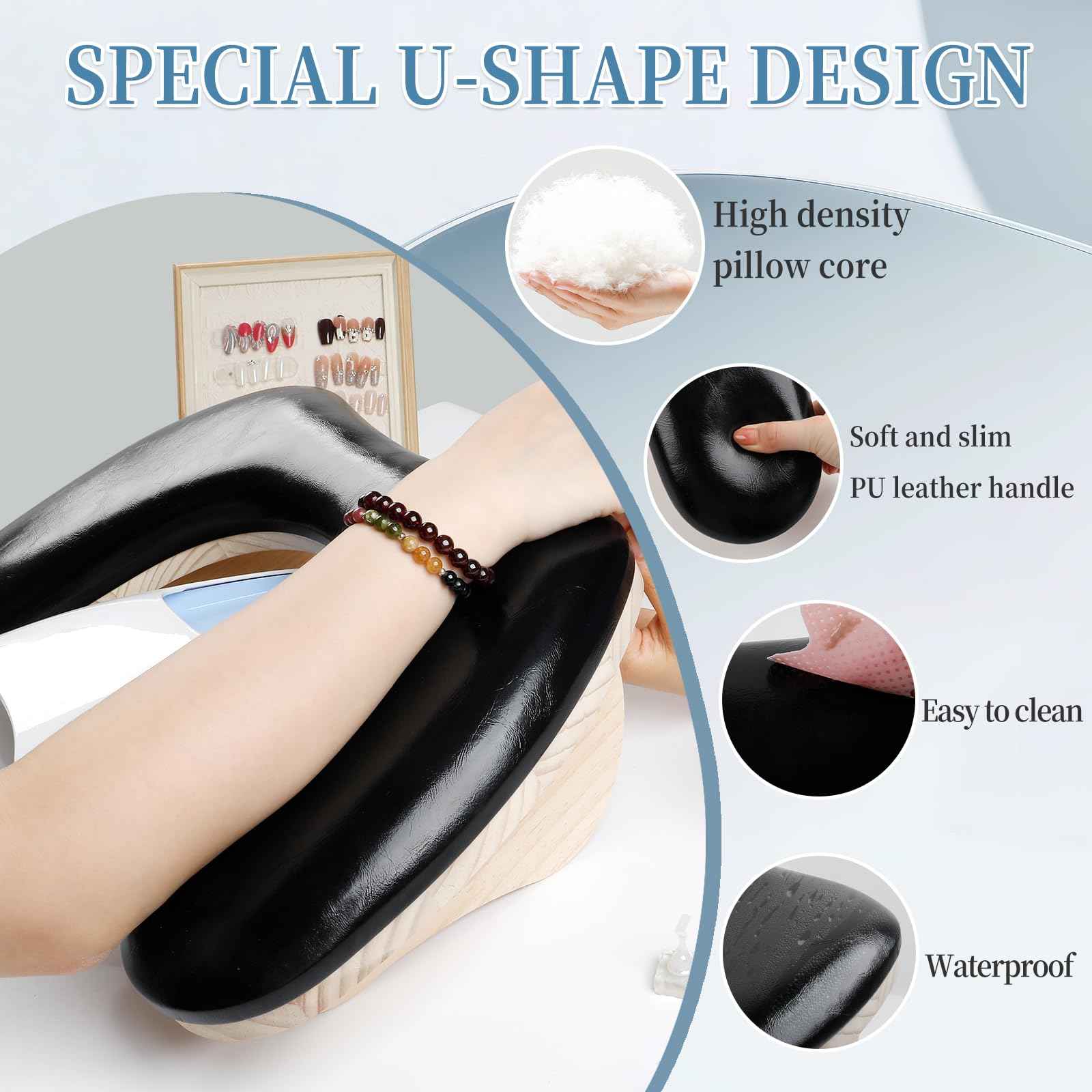 Arm Rest for Nails Tech, U-shaped Manicure Nail Arm Rest Stand with Detachable Brackets Microfiber PU Leather Nail Cushion Hand Rest Pillow for Nail Table Salon Manicure Arm Rest Cushion (black)