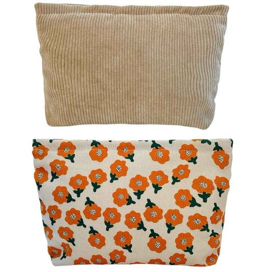 RIKMOXR 2 large makeup bags Women's Corduroy Canvas Makeup Bag, Travel Makeup Bag, Wallet Organizer, Khaki and Orange Flower Pattern