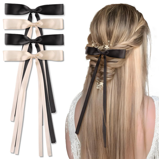 4PCS Hair Bows Hair Clips For Women,Satin Tassel Ribbon Hair Bow With Long Tails Metal Barrette For Thick Thin Hair Accessories Design, Ponytail Holder (Black & Beige)