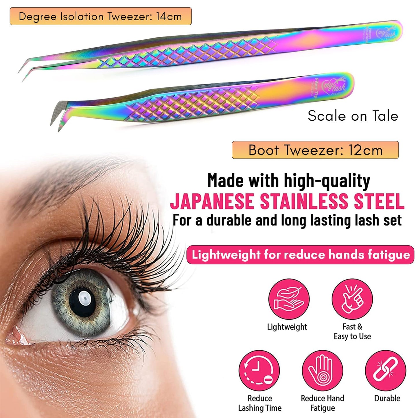 My Lash Tools Lash Tweezers For Eyelash Extensions 2Pcs Fiber Tip Tweezers For Lash Extensions and Isolation Tweezers Mega Mink Fan Boot Volume Lash Tweezer Stainless Steel (Rainbow Tweezers set)