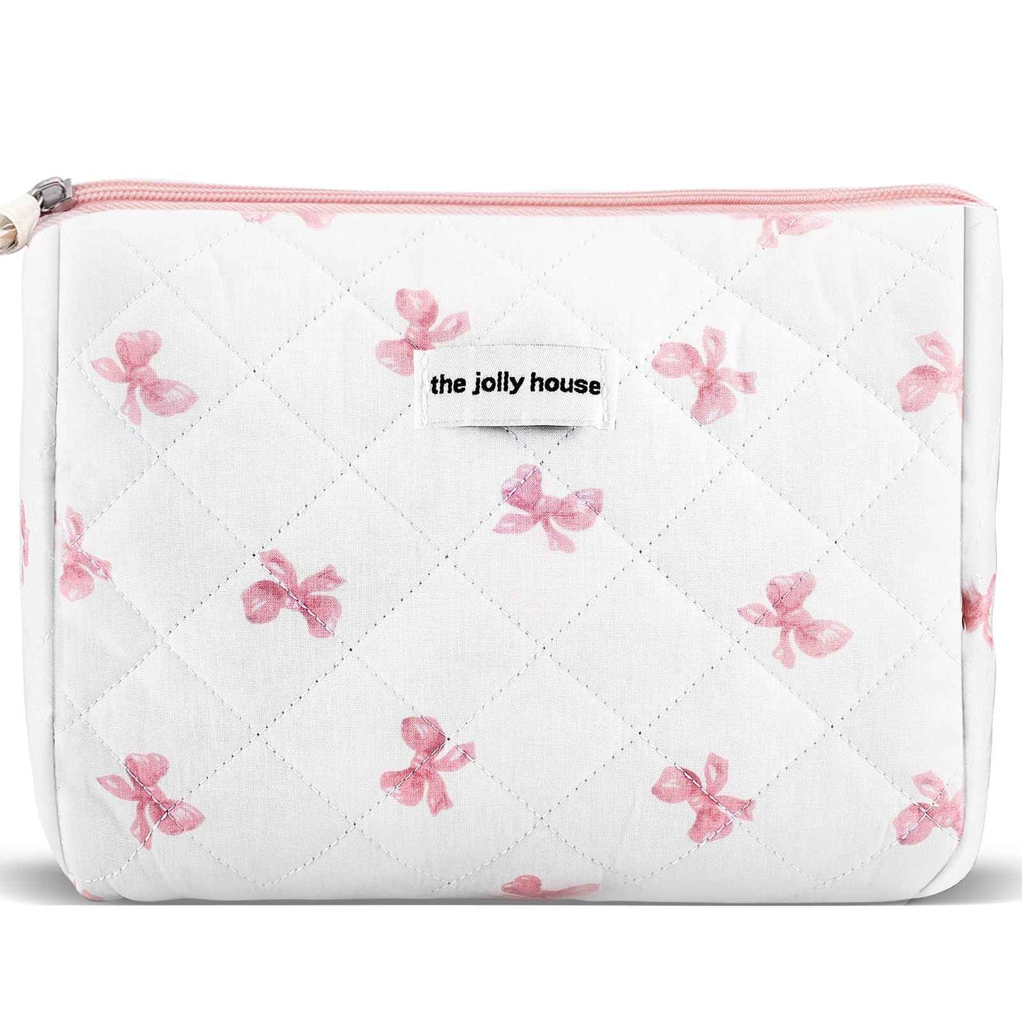 ZLFSRQ Cotton Quilted Makeup Bag for Women Cute Large White Bow Cosmetic Bag Coquette Preppy Zipper Puffy Makeup Pouch for Purse Portable Travel Toiletry Bags Cloth Storage Organizer Skincare Bags