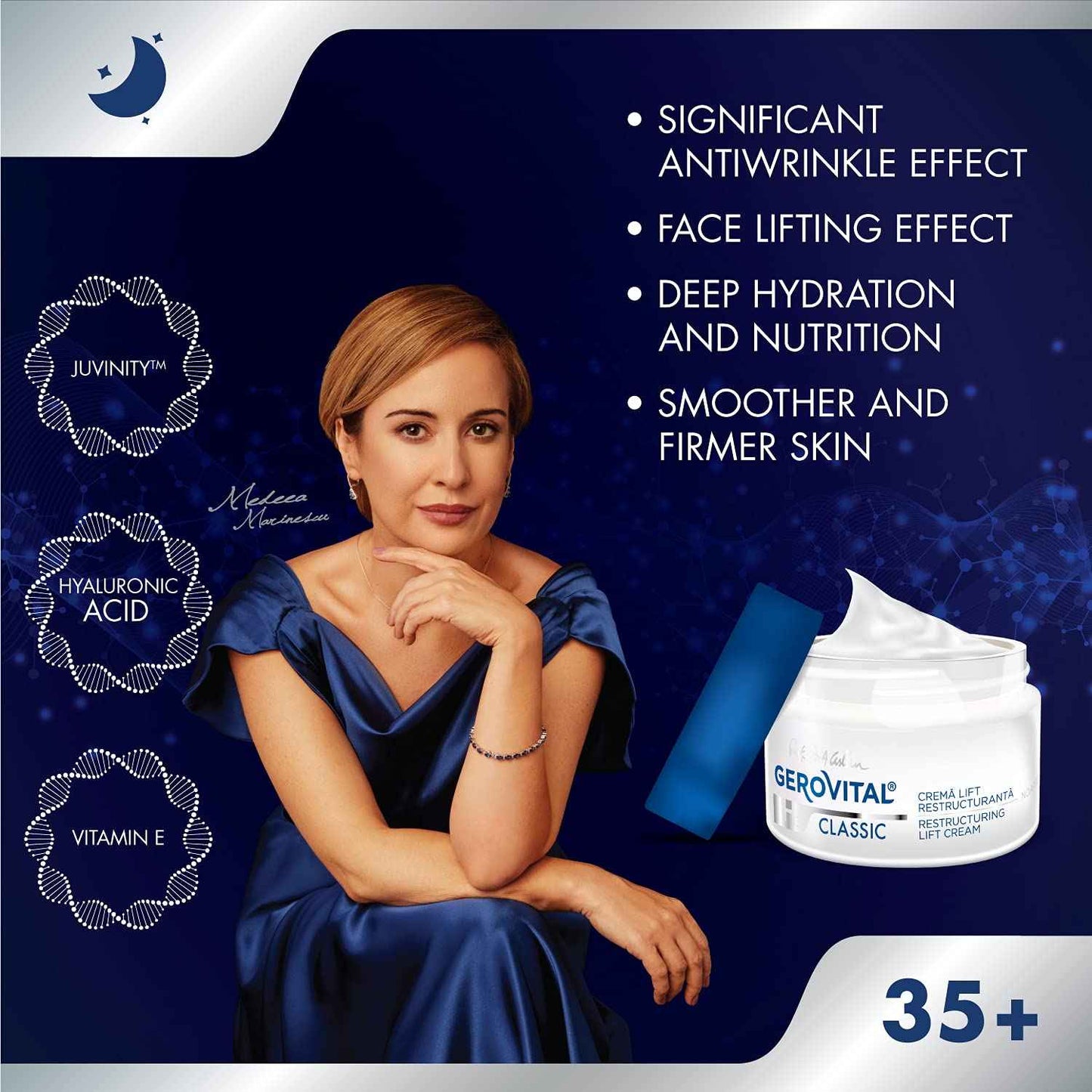 GEROVITAL CLASSIC Restructuring Lifting Cream Night Care with Hyaluronic Acid, Juvinity™, Vitamin E, Anti-wrinkle, Anti-Age Face Cream, Face Moisturizer, 50 ml