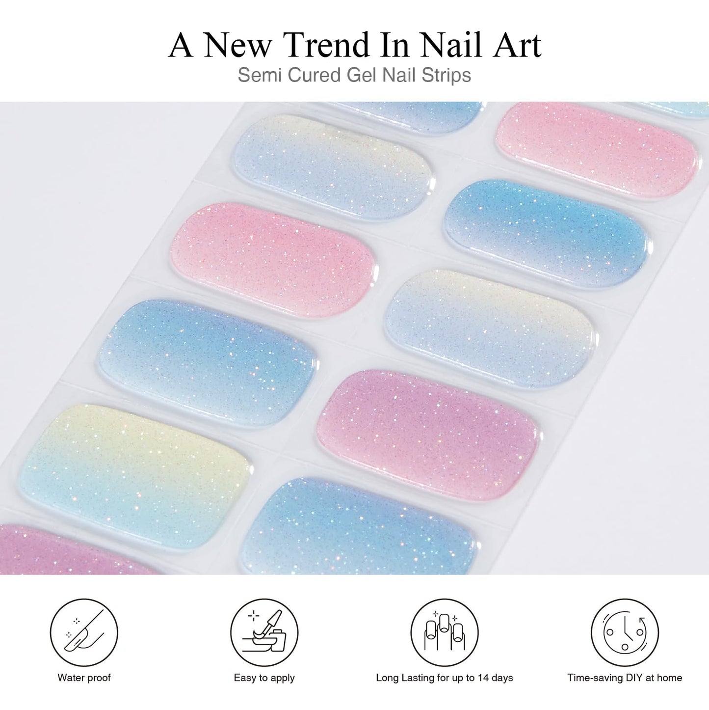 Nelikoo Semi Cured Gel Nail Strips, 20 PCS Gel Nail Stickers Work with UV Light, Gel Nail Wraps, Salon Quality & Easy to Use - Dreamy Macarons