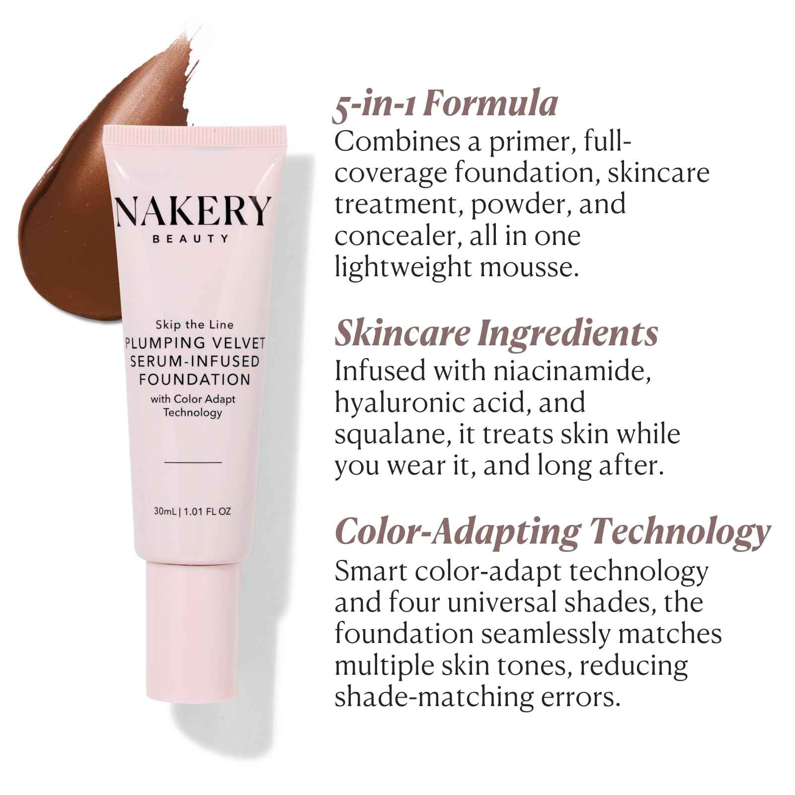 Nakery Full Coverage Plumping Liquid Foundation - Serum Infused Makeup with Niacinamide & Hyaluronic Acid for All Skin Types - Medium