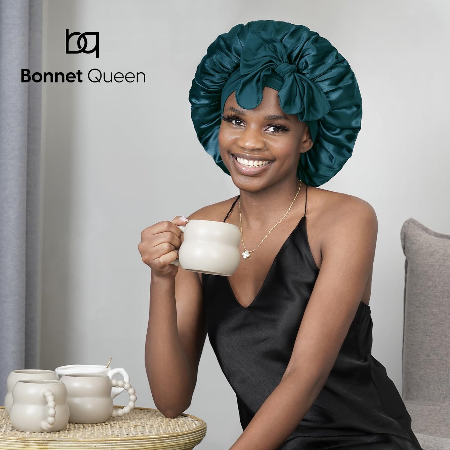 BONNET QUEEN Silk Bonnet for Sleeping Women Satin Bonnet Hair Bonnet night sleep cap scarf wrap for curly hair with tie band darkish green