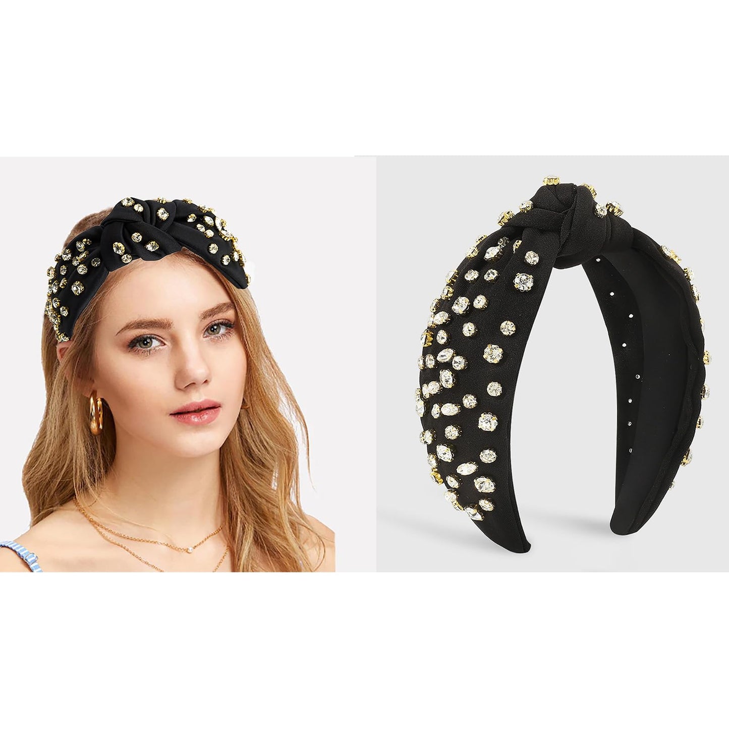 SZJULR Knotted Headband for Women Sparkle Wide Mixed Rhinestone Crystal Headbands Black Hairband Top Knot Headbands Luxury Fashion Wide Ladies Hair Accessories for Girls