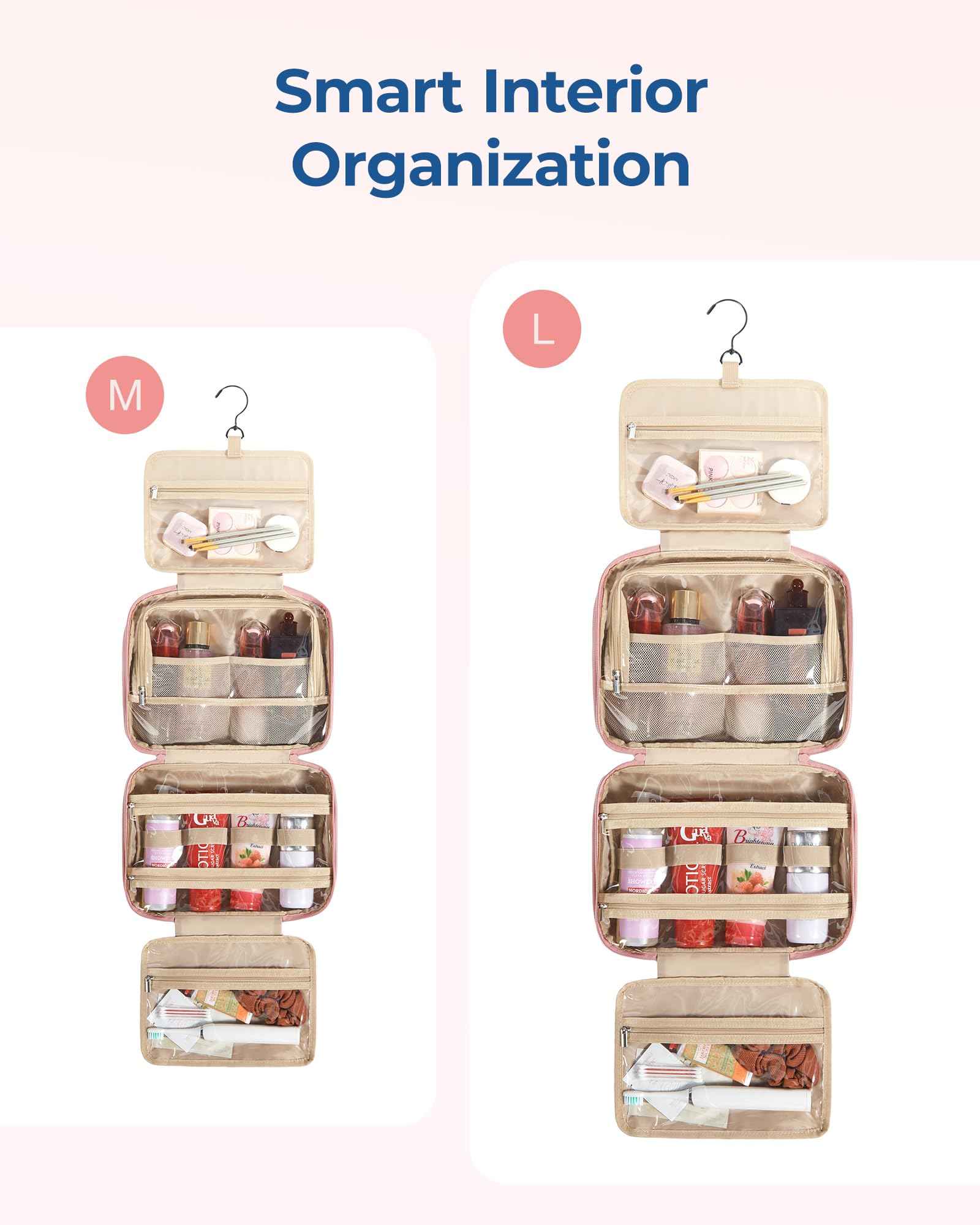 BAGSMART HangingToiletry Bag for Women, Puffy Travel Toiletry Bag with Jewelry Organizer, Waterproof Cosmetic Makeup Bag Compartment, Toiletries Kit Set for Traveling, Accessories, Essentials (M)