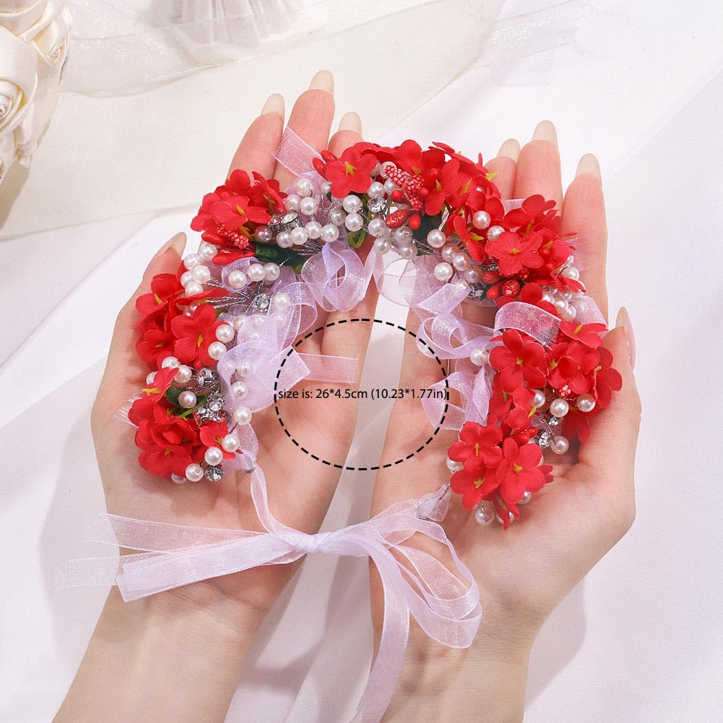 Campsis Flower Princess Headbands Pearl Communion Hair Accessories Crystal Birthday Photography Hair Band for Women and Girls (Red)