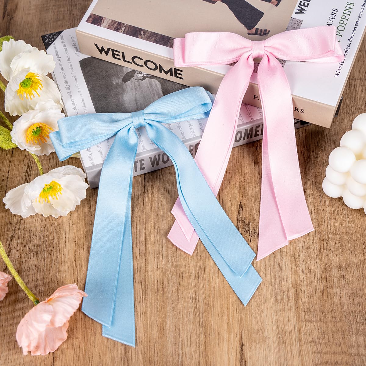 Hair Bows 2 PCS Bow Hair Clips,Ribbon Hair Bows for Women, Long-tail Cute Hair Accessories,Large Hair Barrettes for Women and Girls(Pink and Blue)