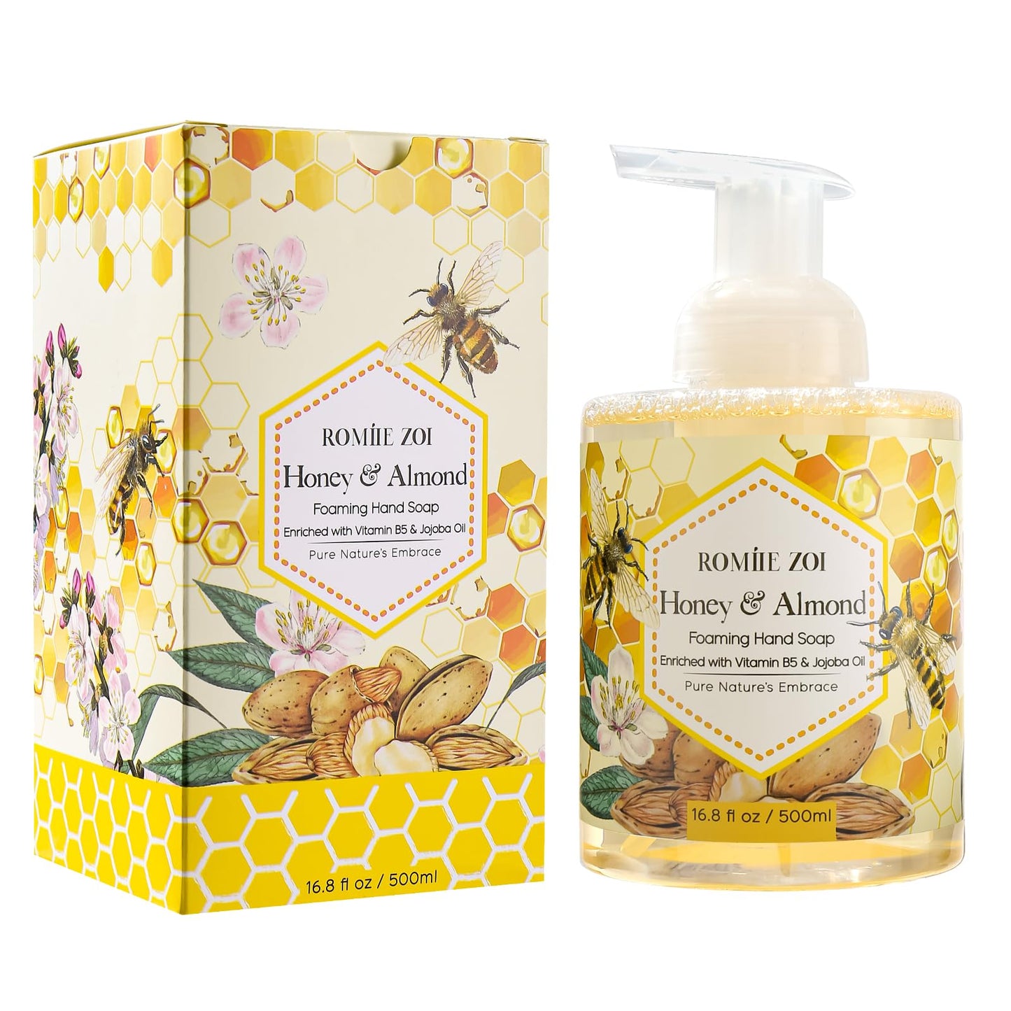 ROMIIE ZOI Foaming Hand Soap with Gift Box-Honey & Almond - Biodegradable Formula Moisture & Revitalize - 500 ml/ 16.8 fl oz