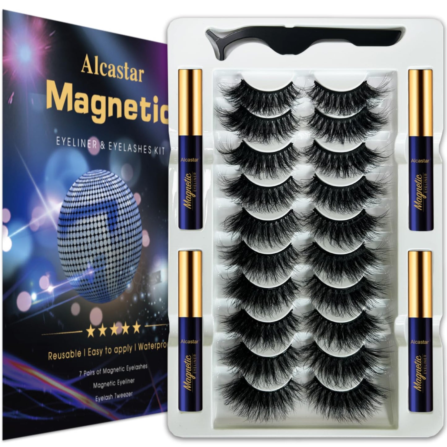 Alcastar Magnetic Eyelashes with Eyeliner Kit, Reusable Magnetic lashes, Waterproof, Long Lasting,Easy to Apply.