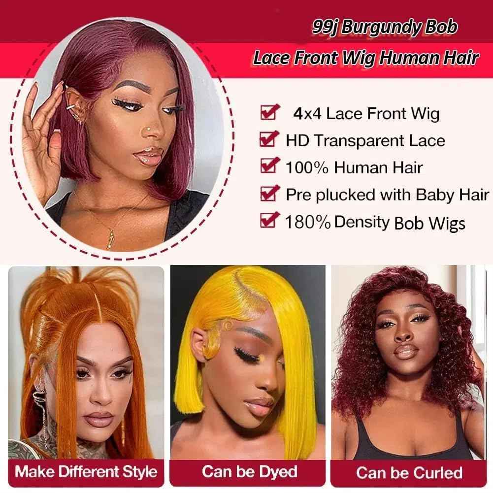 Selina 99J Burgundy Lace Front Wigs Human Hair Bob Wig Human Hair 4x4 Hd Lace Closure Wigs for Women Transparent Lace Wig 14 Inch