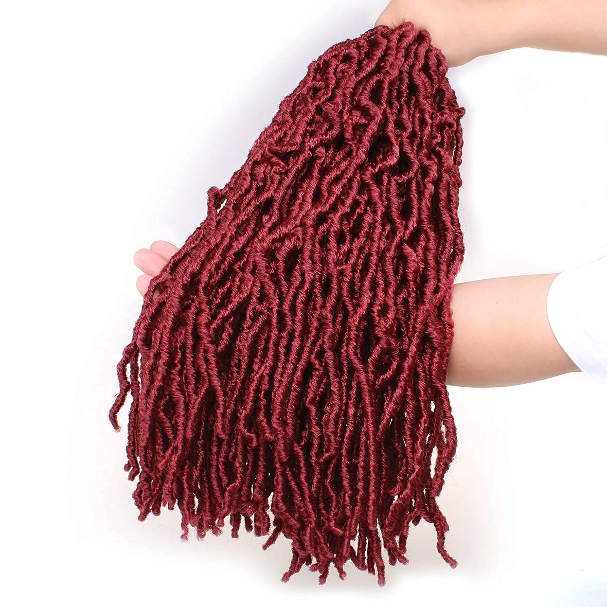 Leeven 18 Inch 7 Packs Synthetic New Soft Locs Crochet Hair 126 Roots Burgundy Messy Faux Locs Crochet Braids Hair For Women Curly Wavy Goddess Faux Locs Afro Roots Hair Extensions BUG#