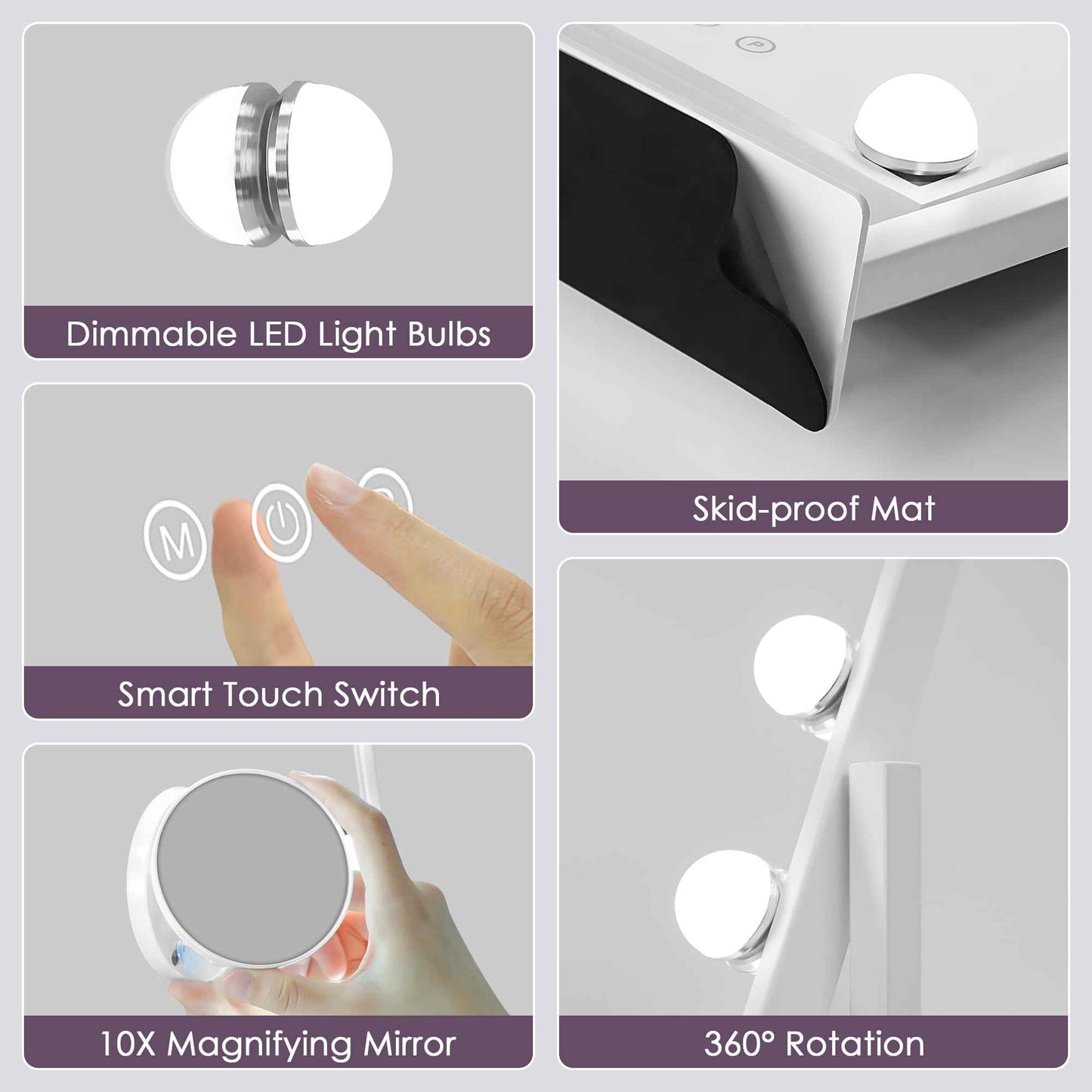 Sucedey Vanity Mirror with Lights, Makeup Mirror with Lights, 3 Color Lighting Modes Detachable 10X Magnification Mirror Touch Control, 360°Rotation, White