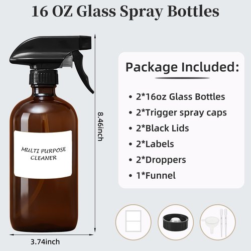 Bastelica Amber Glass Spray Bottles 16 oz - Refillable Empty Spray Bottles for Cleaning, Essential Oils, Plants, Hair Mister - 2 Pack