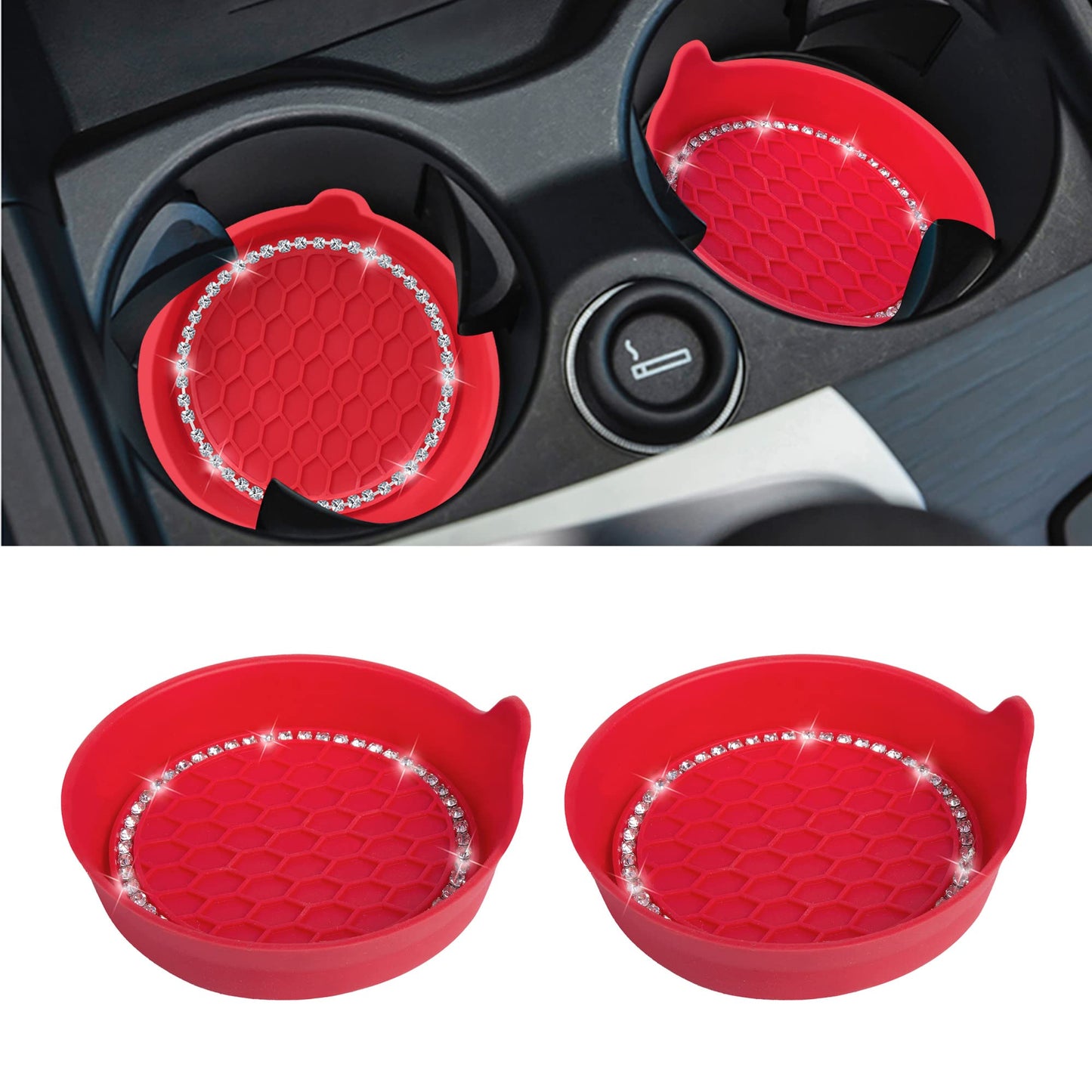 Amooca Car Cup Coaster Universal Non-Slip Cup Holders Bling Crystal Rhinestone Car Interior Accessories 2 Pack Red