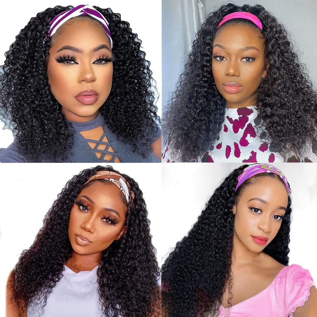 Unvizossa Headband Wig Human Hair Deep Wave None Lace Front Wigs Human Hair Curly Human Hair Headband Wigs for Black Women 150% Density Natural Color 14 Inch