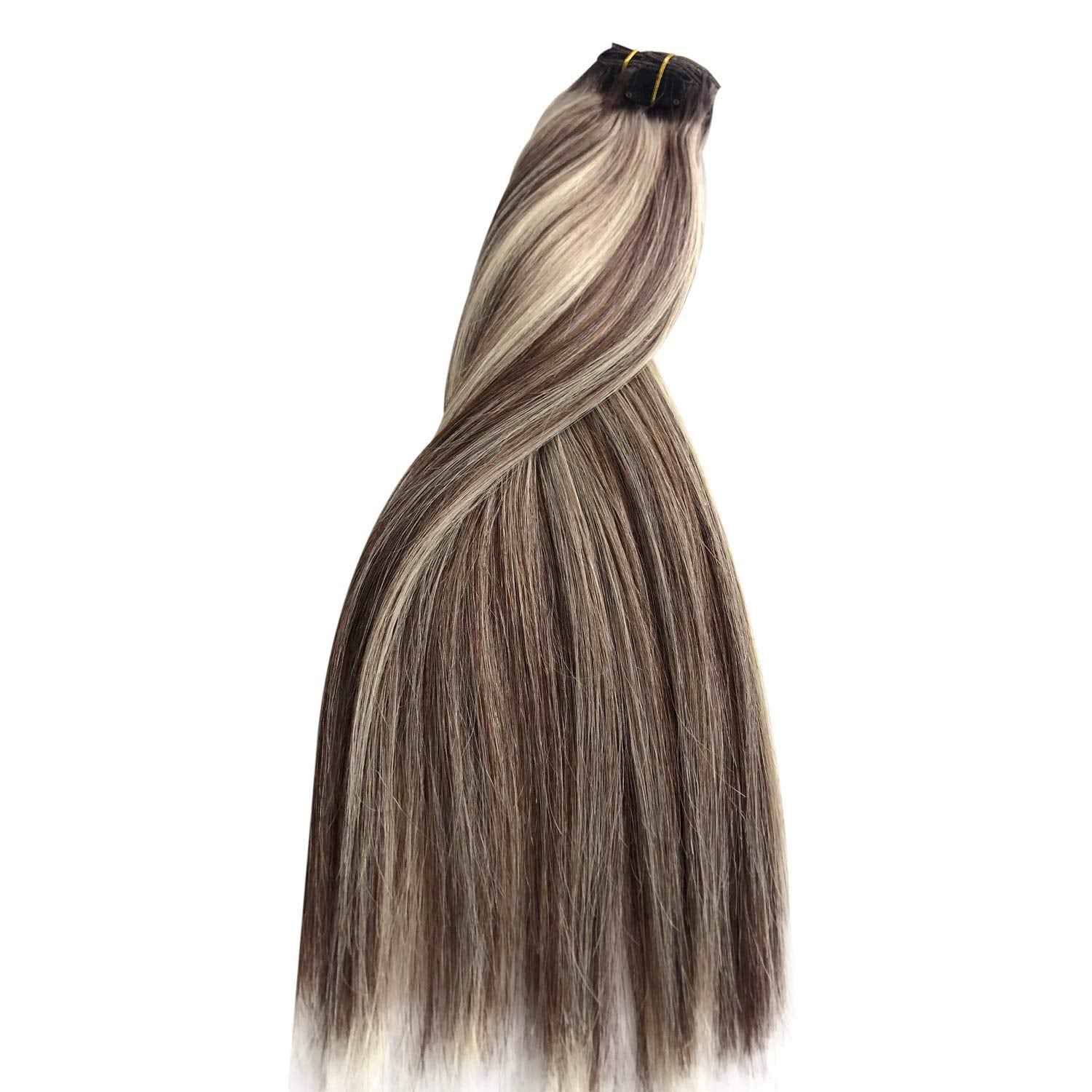 Clip in Hair Extensions18Inch Full Head 100% Brazilian Remy Human Hair Ombre Colored #2 Dark Brown and #6 Light Brown Fading to #60 Platinum Blonde Soft Silky Straight for Women 8Pcs 20clips 140g