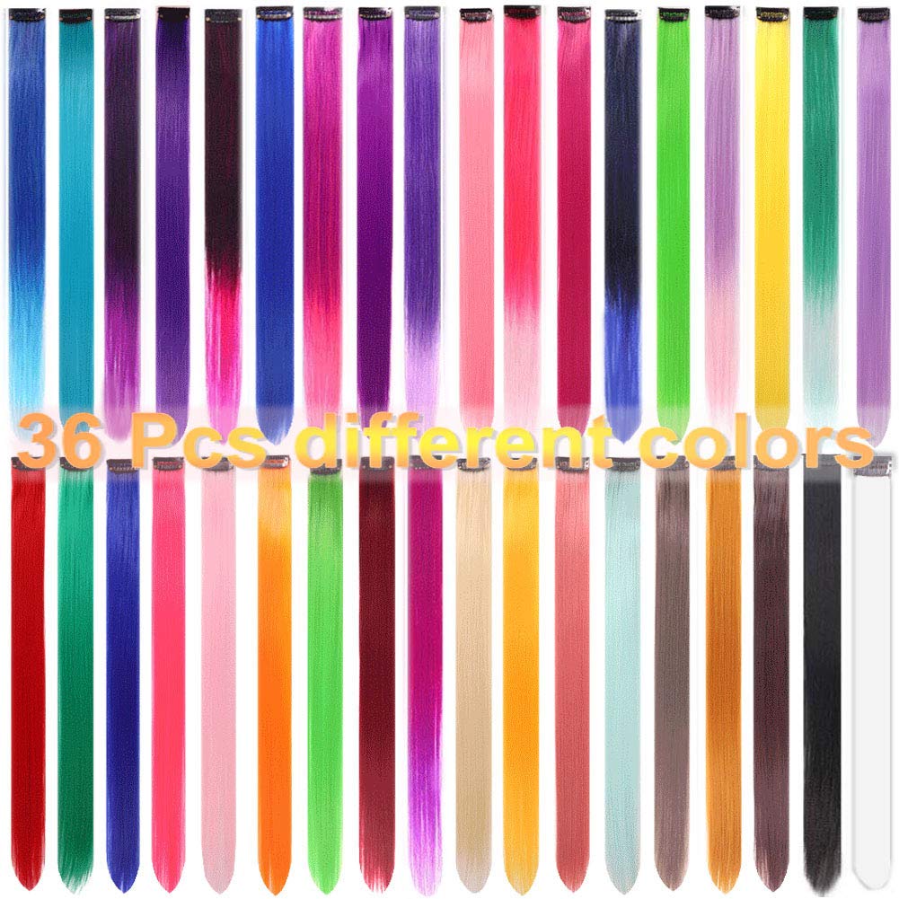 36 Pcs Colored Hair Extensions Colorful Clip in Hair Extensions 22 inch Synthetic Straight Hair Extensions for Kids Girls Women