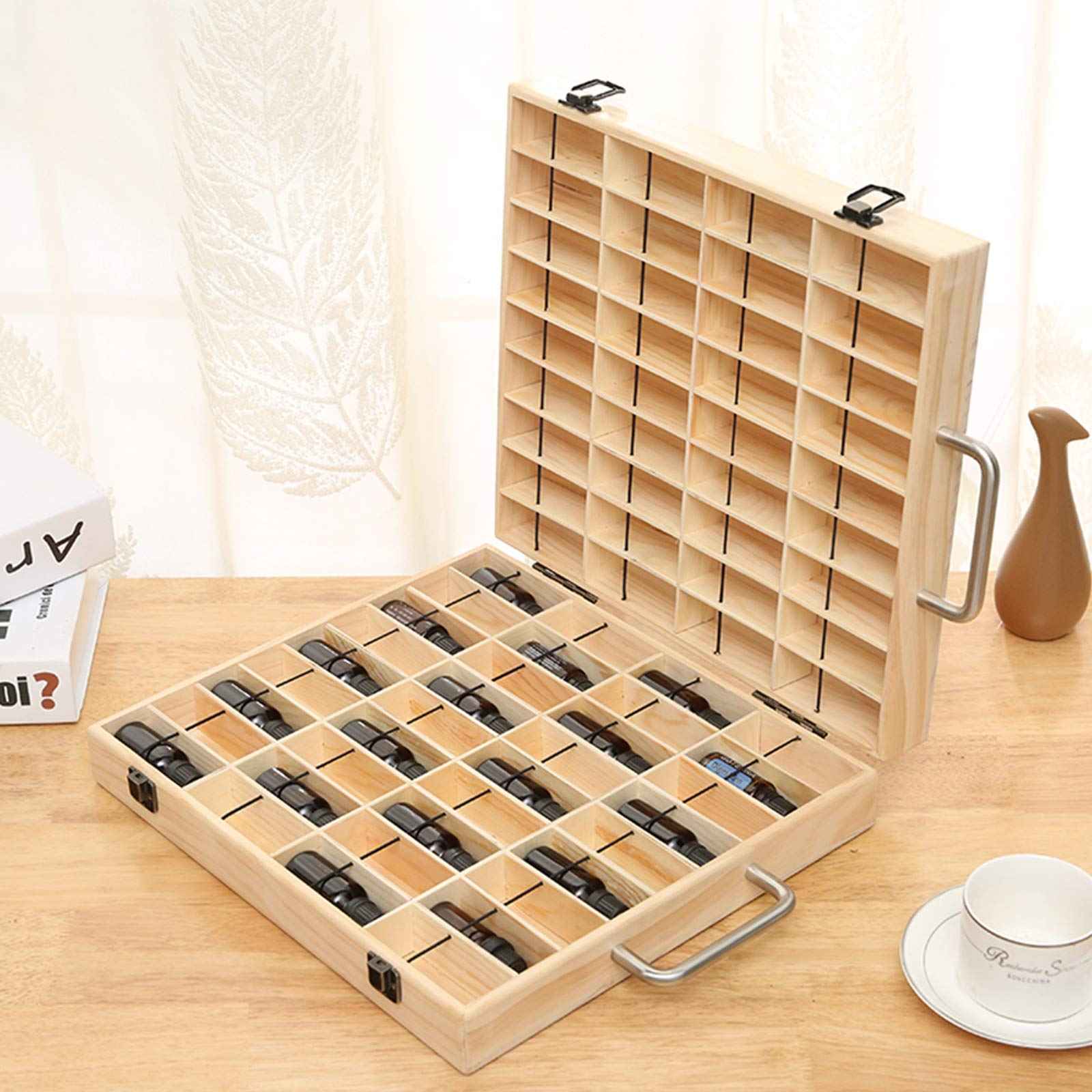 VolksRose Essential Oil Storage Wooden Box, 72 Slots for 5-15ml Essential Oil Roller Bottles, Carrying Case Display Large Organizer Gift Box Container for Travel, Presentation, Nail Polish, Makeup